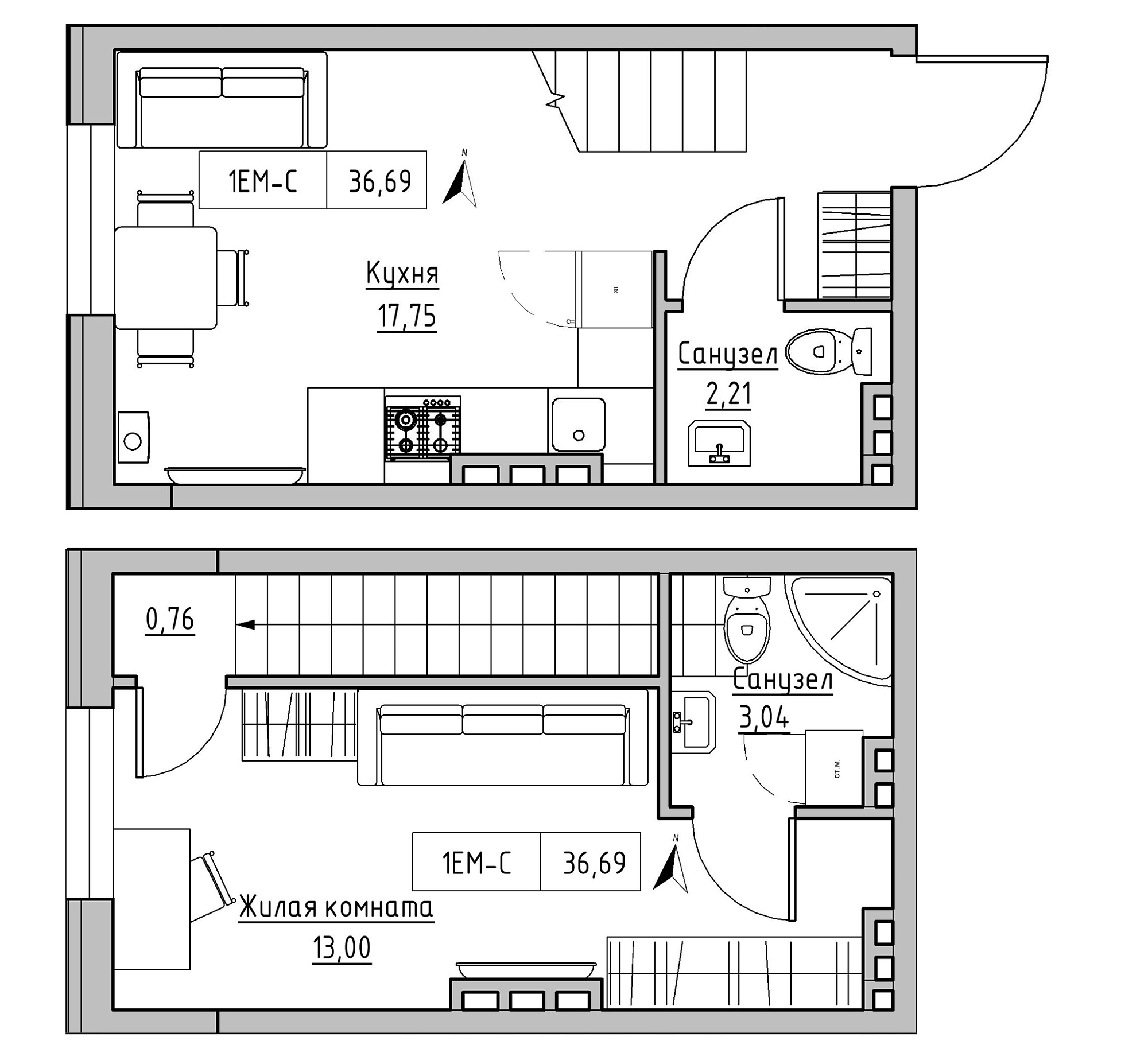 Planning 2-lvl flats area 36.69m2, KS-024-03/0011.