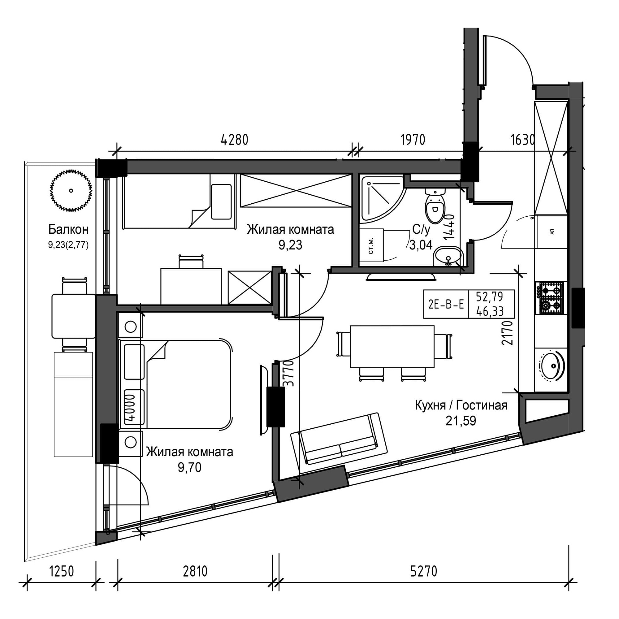 Planning 2-rm flats area 46.33m2, UM-001-06/0009.