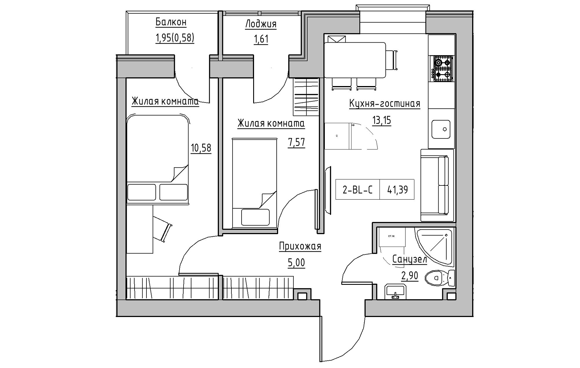 Планировка 2-к квартира площей 41.39м2, KS-018-02/0005.