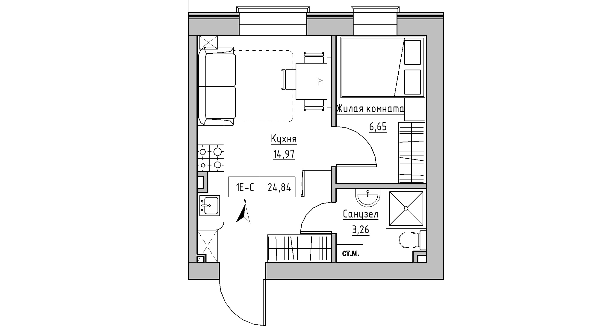 Планировка 1-к квартира площей 24.84м2, KS-013-01/0010.