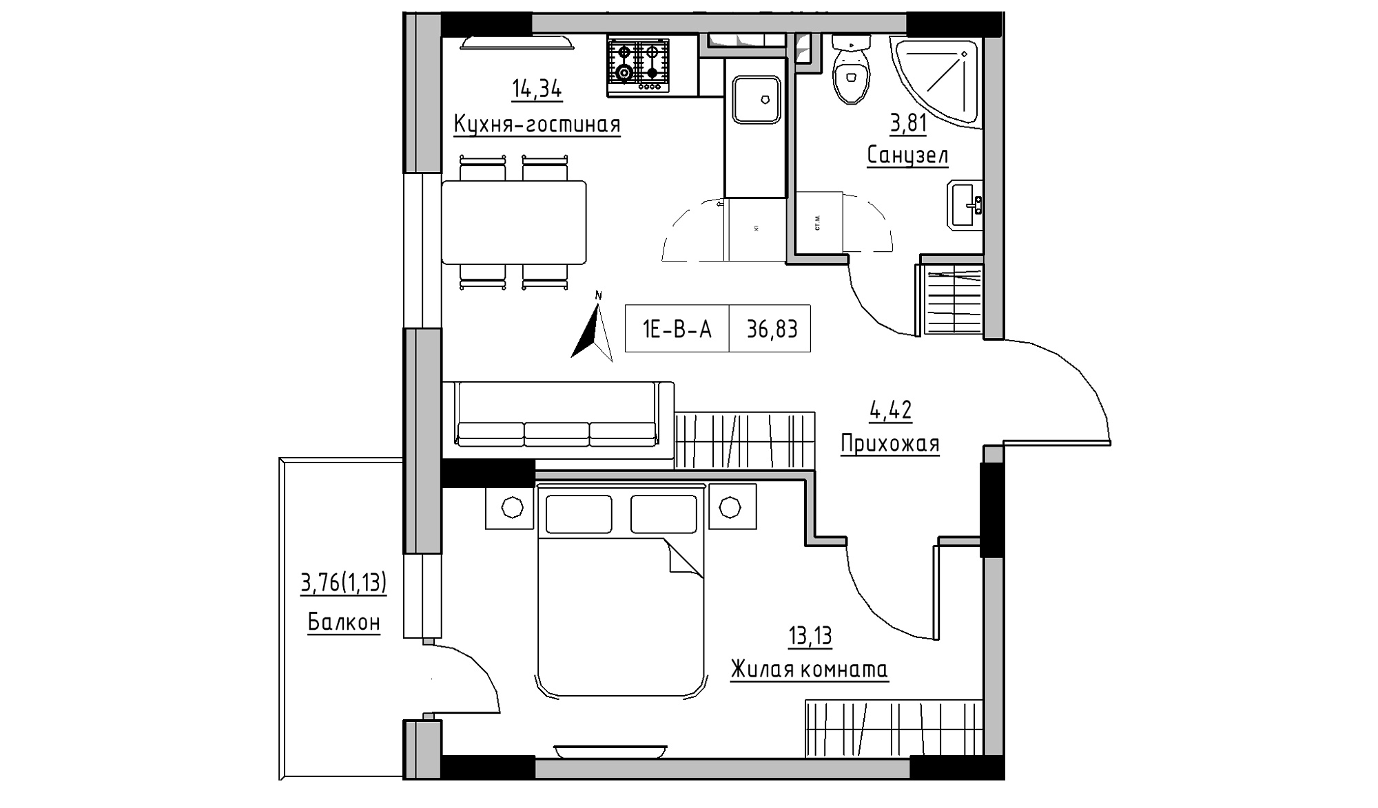 Планировка 1-к квартира площей 36.83м2, KS-025-02/0004.
