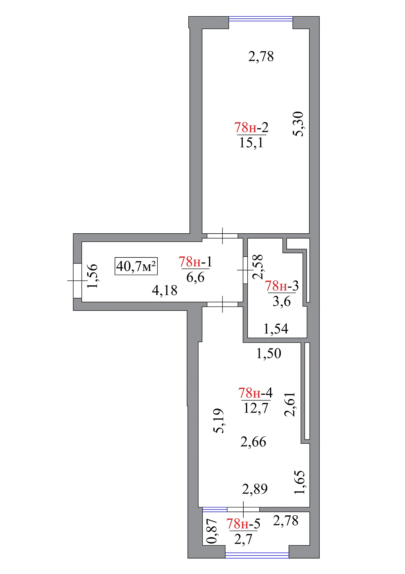 Планировка 1-к квартира площей 40.7м2, AB-07-08/0070б.