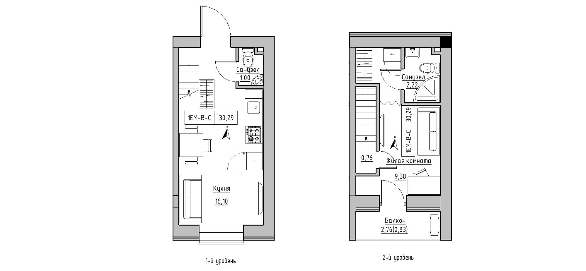 Planning 2-lvl flats area 30.29m2, KS-020-05/0009.