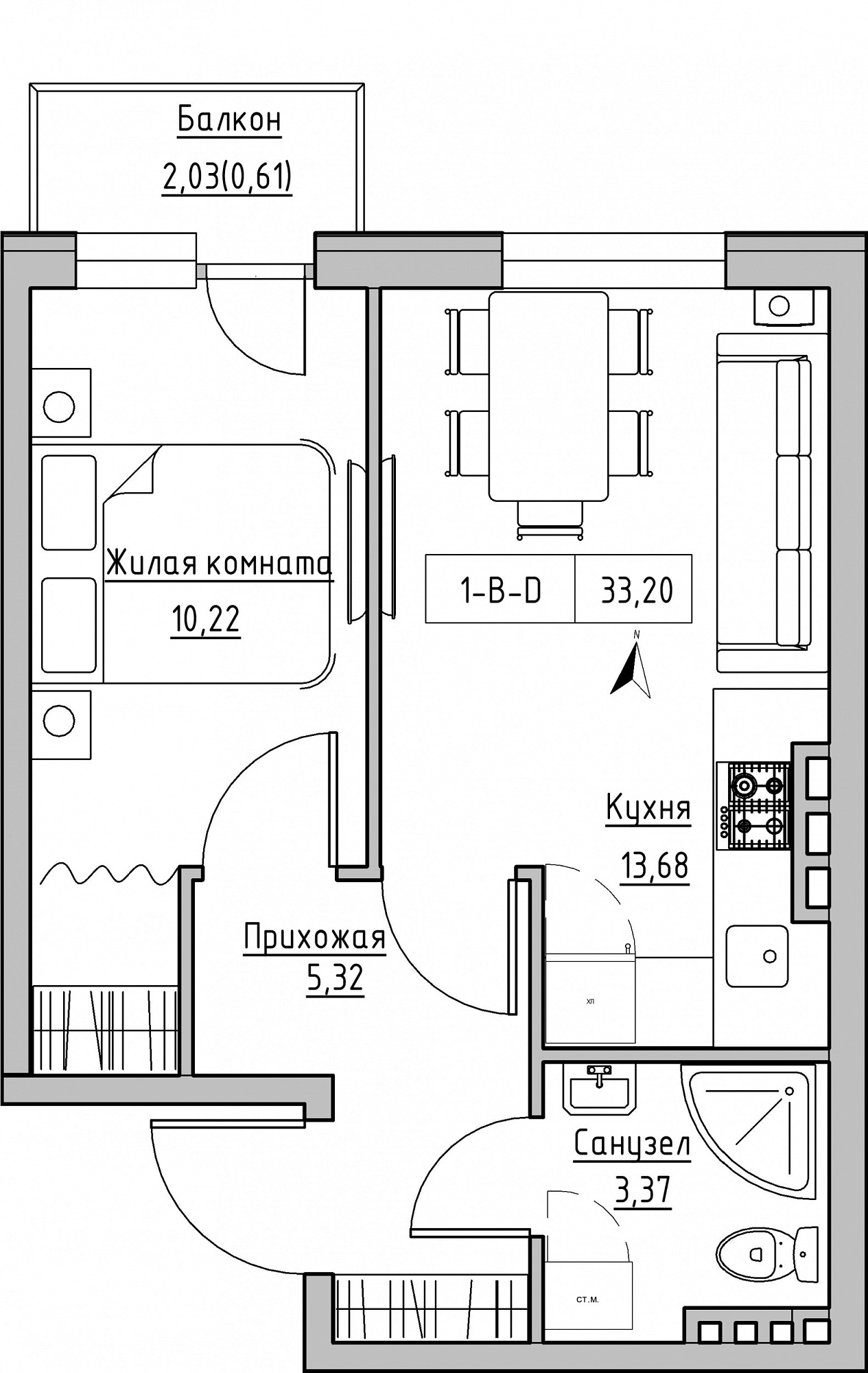 Планировка 1-к квартира площей 33.2м2, KS-024-05/0003.
