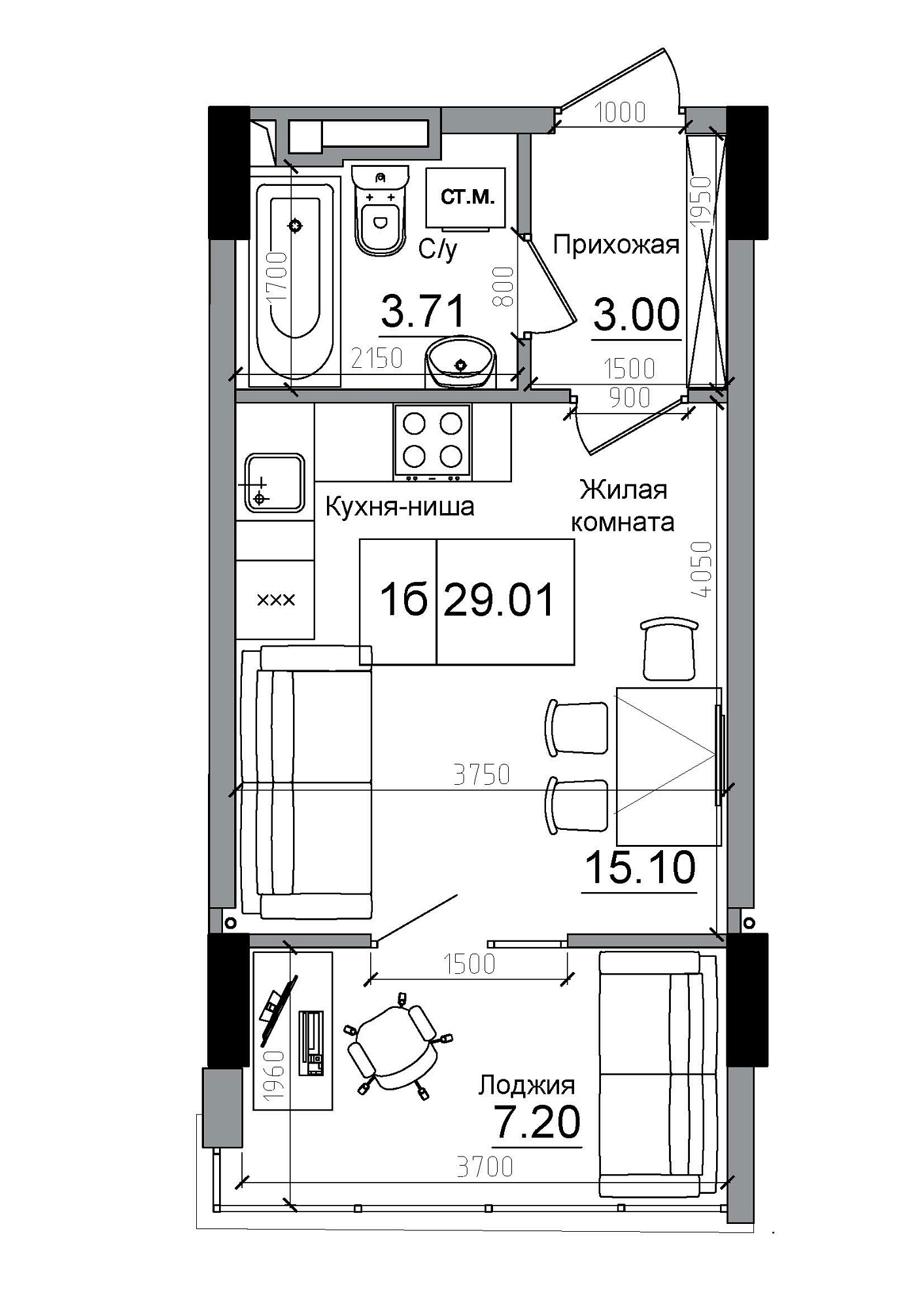 Планировка Smart-квартира площей 29.01м2, AB-12-09/00002.