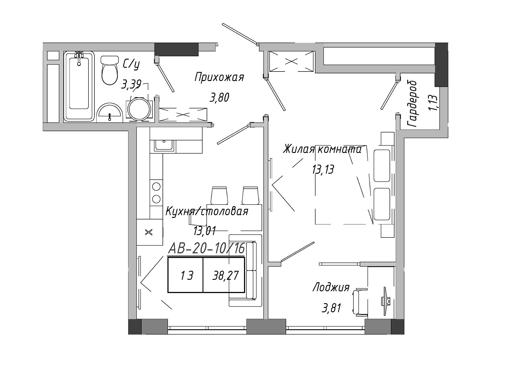 Планировка 1-к квартира площей 38.79м2, AB-20-10/00016.