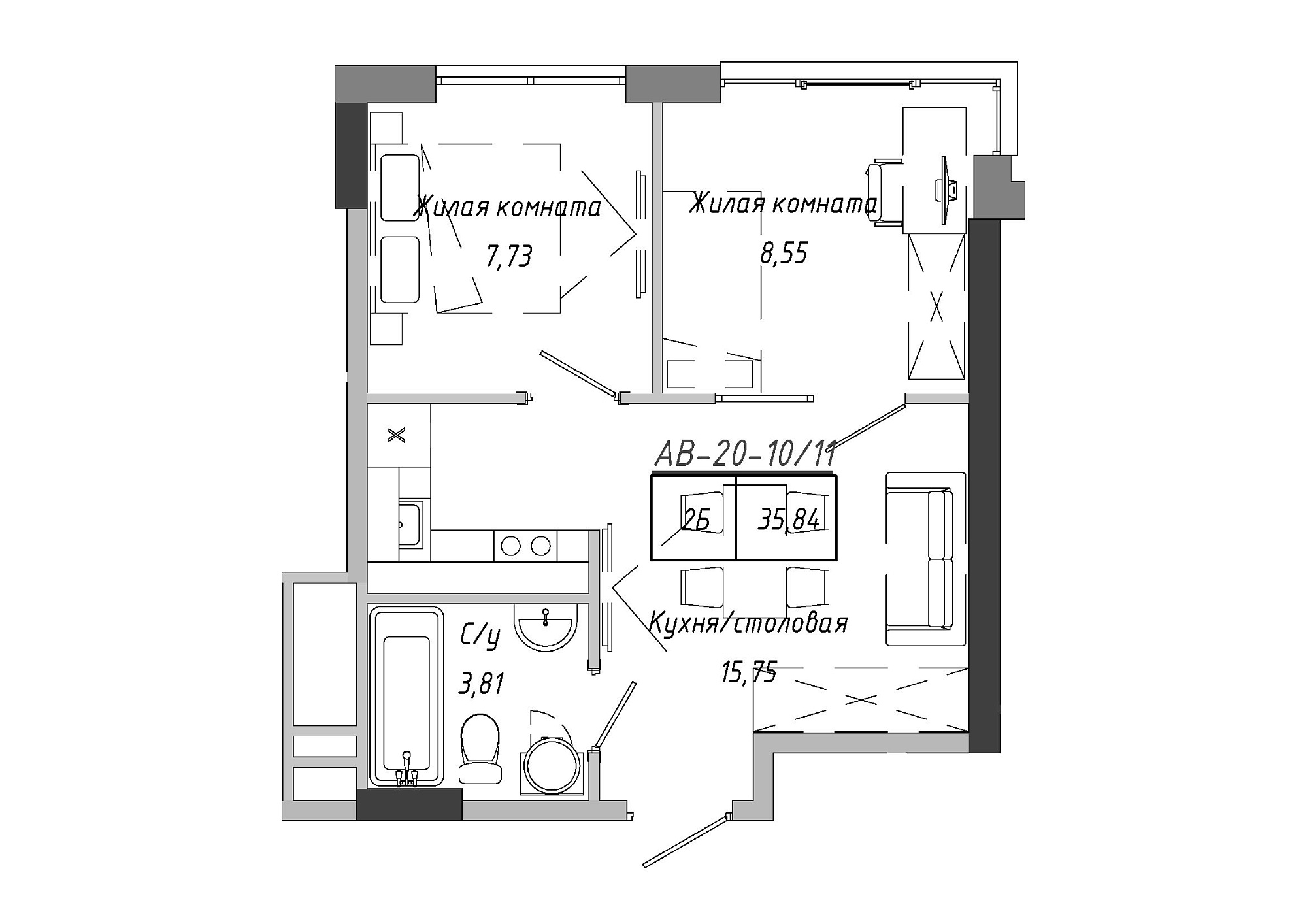 Планування 2-к квартира площею 36.12м2, AB-20-10/00011.