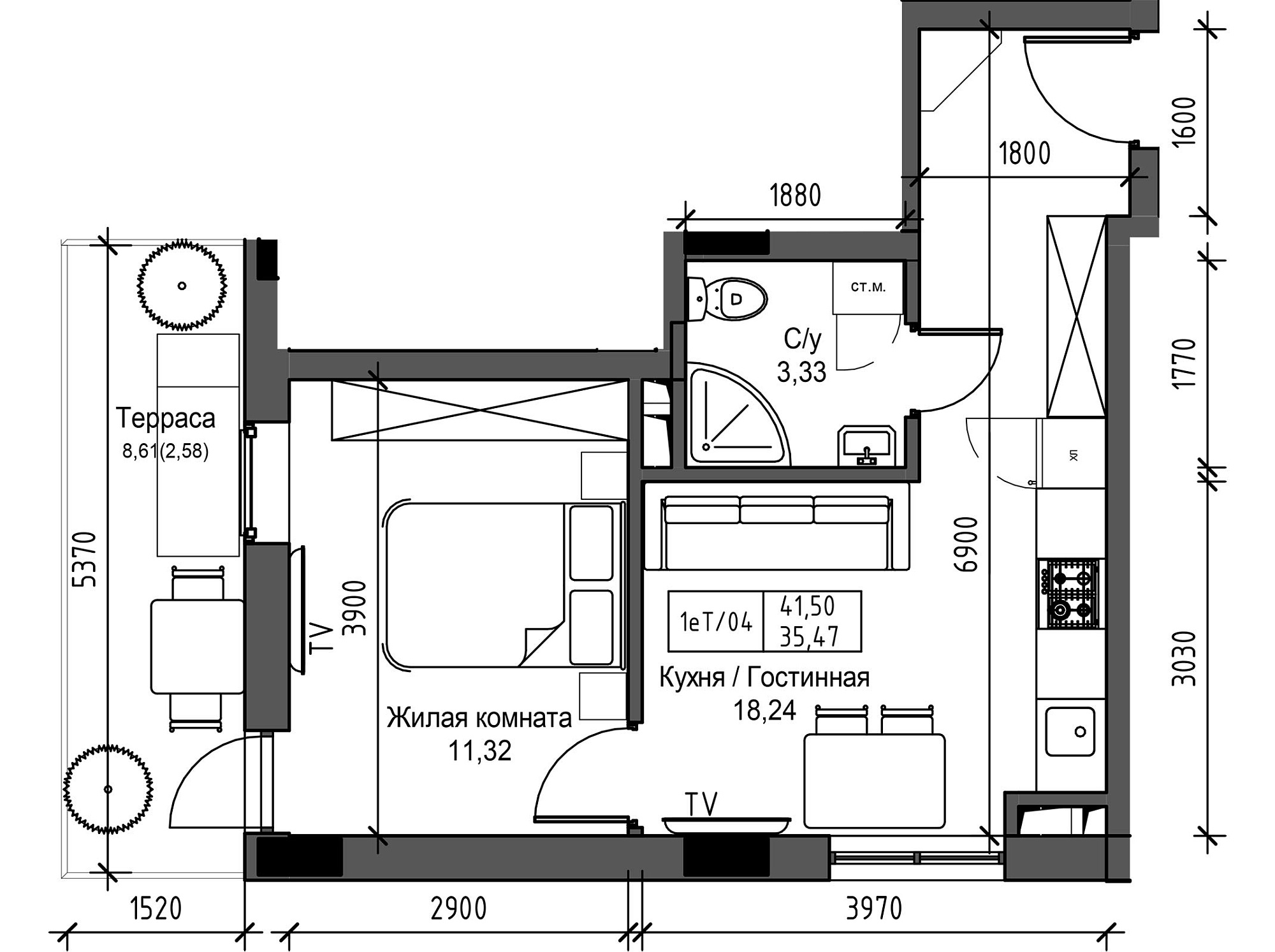 Планування 1-к квартира площею 35.47м2, UM-003-08/0085.