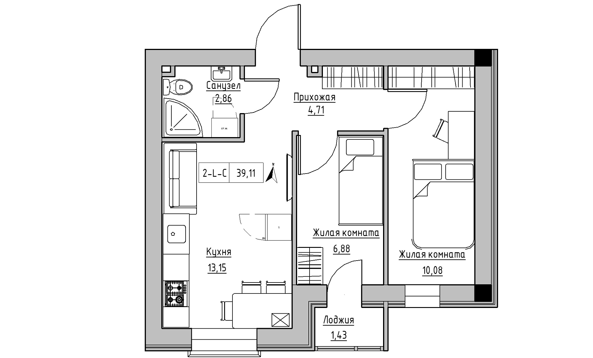 Planning 2-rm flats area 39.11m2, KS-016-01/0005.