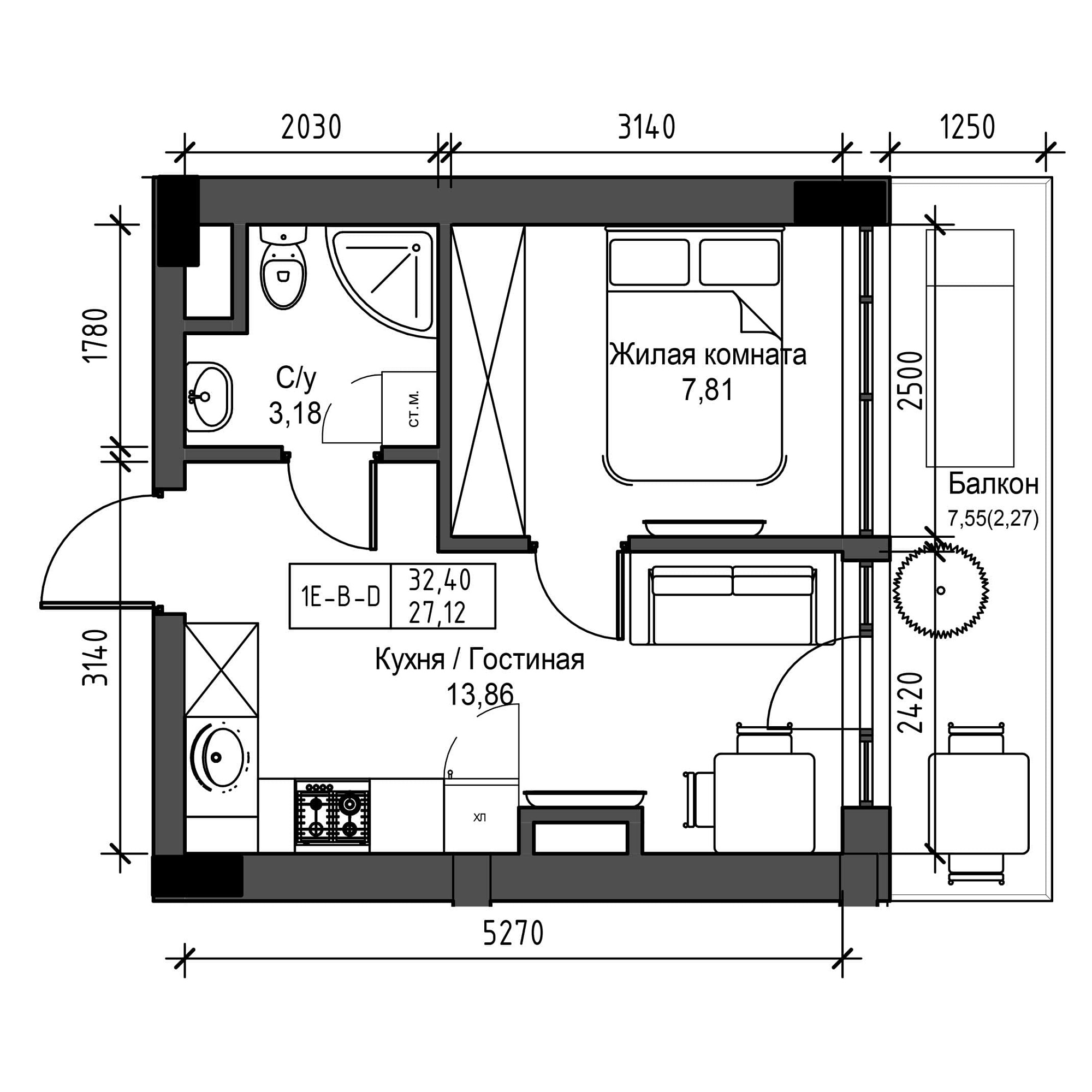 Планування 1-к квартира площею 27.12м2, UM-001-09/0003.