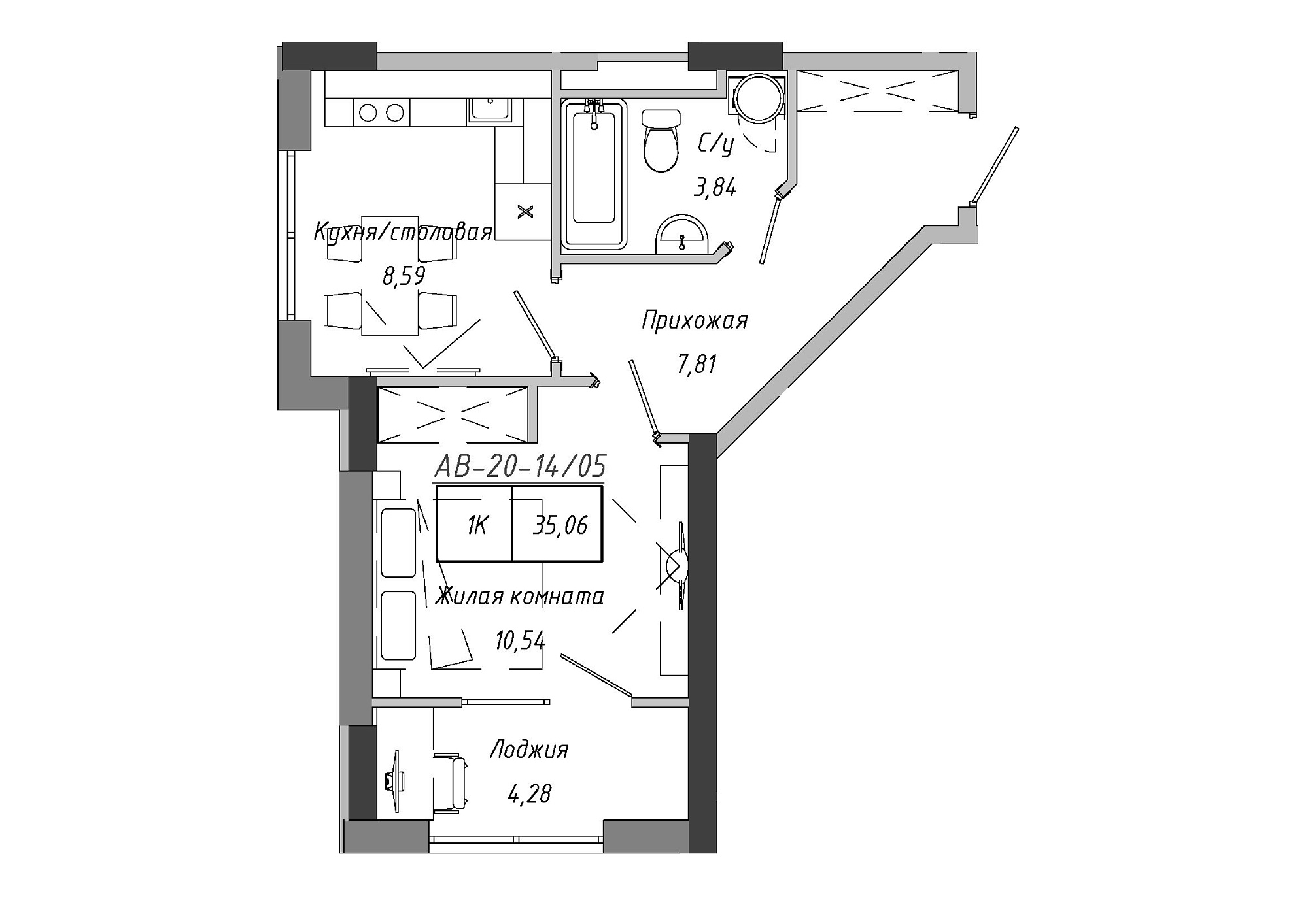 Планування 1-к квартира площею 35.06м2, AB-20-14/00105.