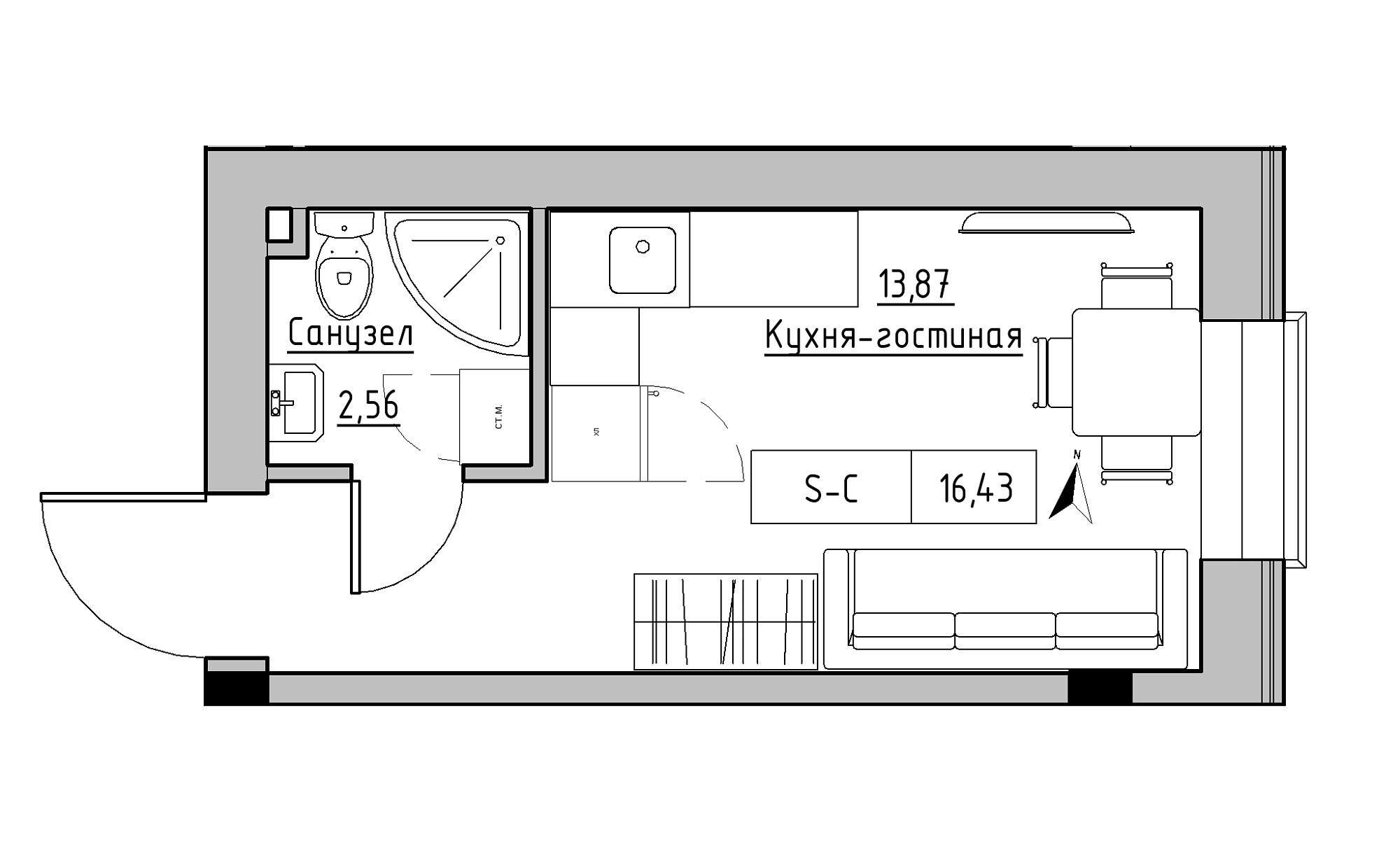 Планування Smart-квартира площею 16.43м2, KS-023-05/0005.