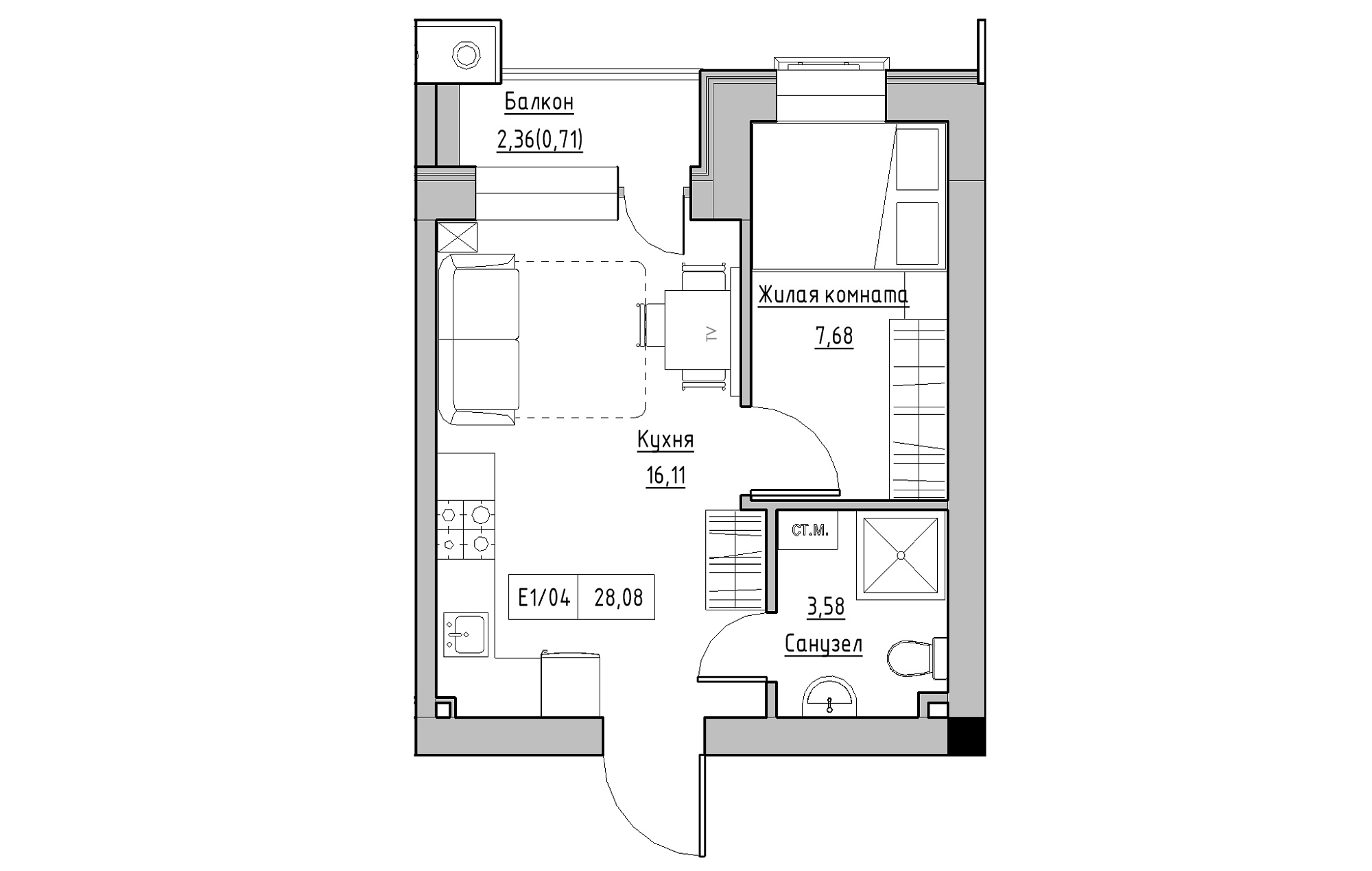 Планировка 1-к квартира площей 28.08м2, KS-013-05/0010.