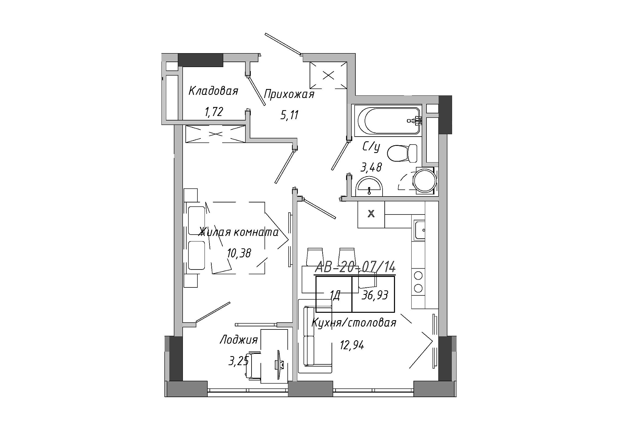 Планування 1-к квартира площею 36.96м2, AB-20-07/00014.