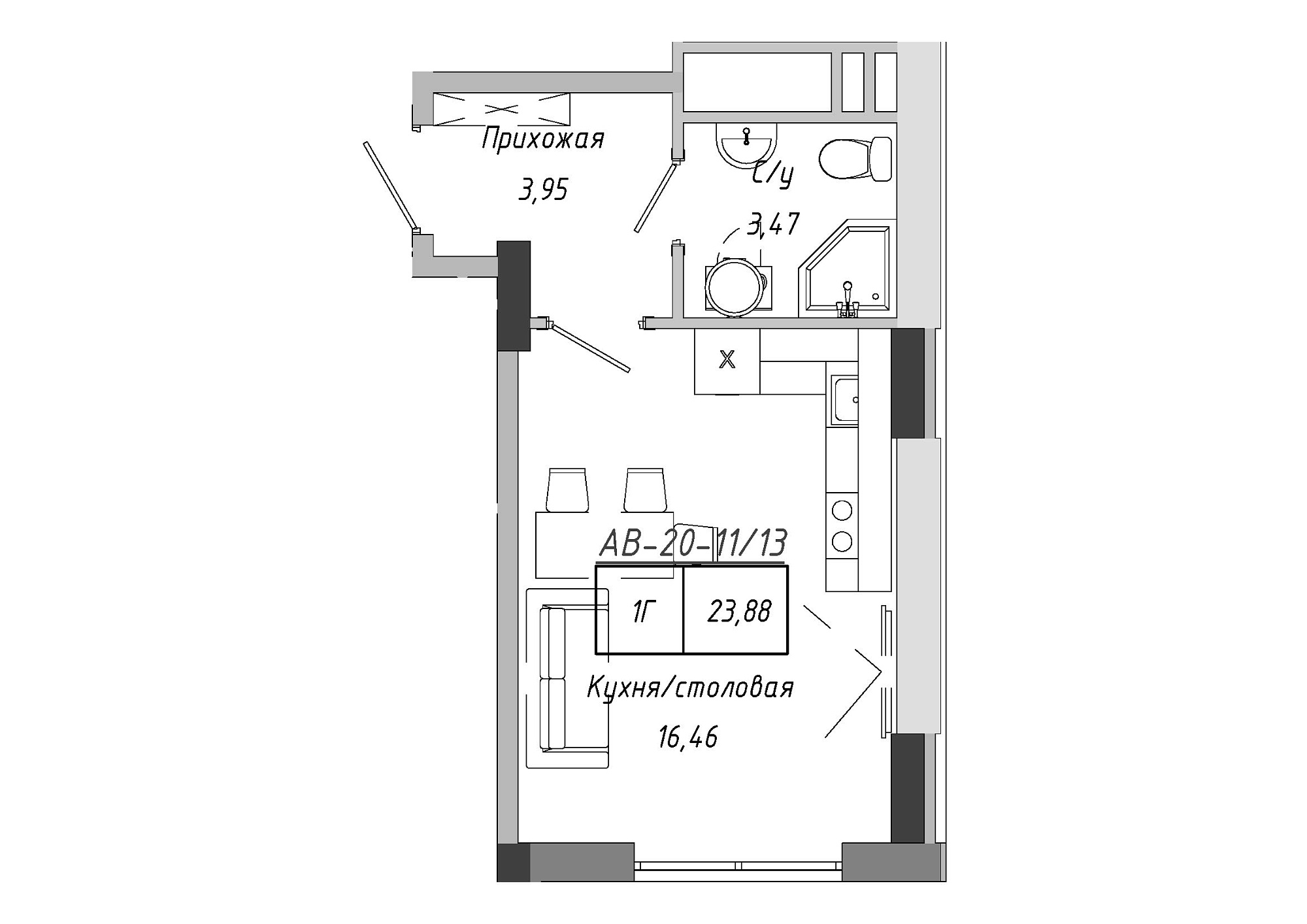 Planning Smart flats area 23.4m2, AB-20-11/00013.