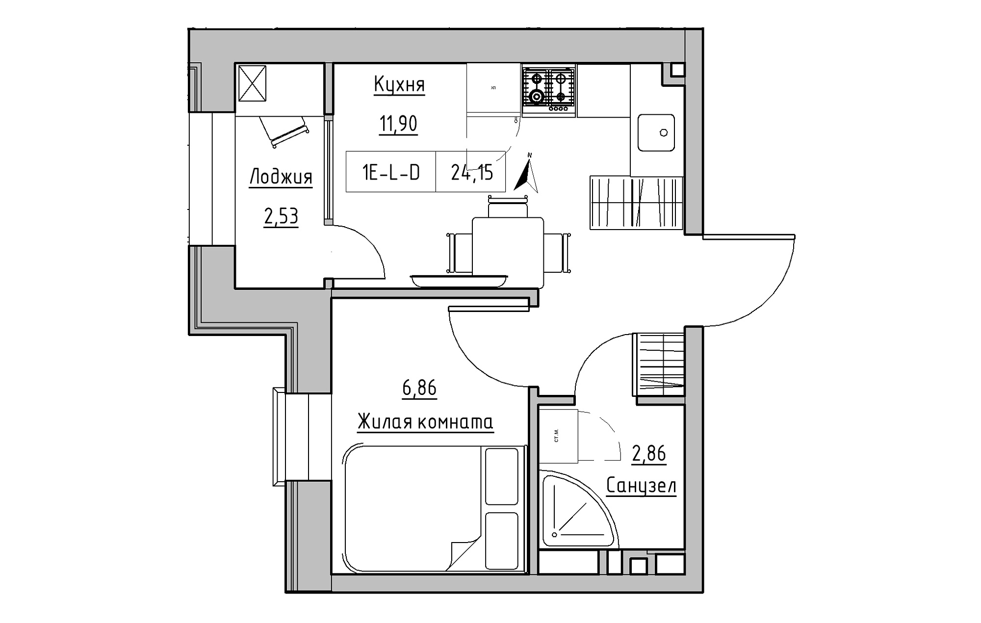 Планировка 1-к квартира площей 24.15м2, KS-019-02/0001.