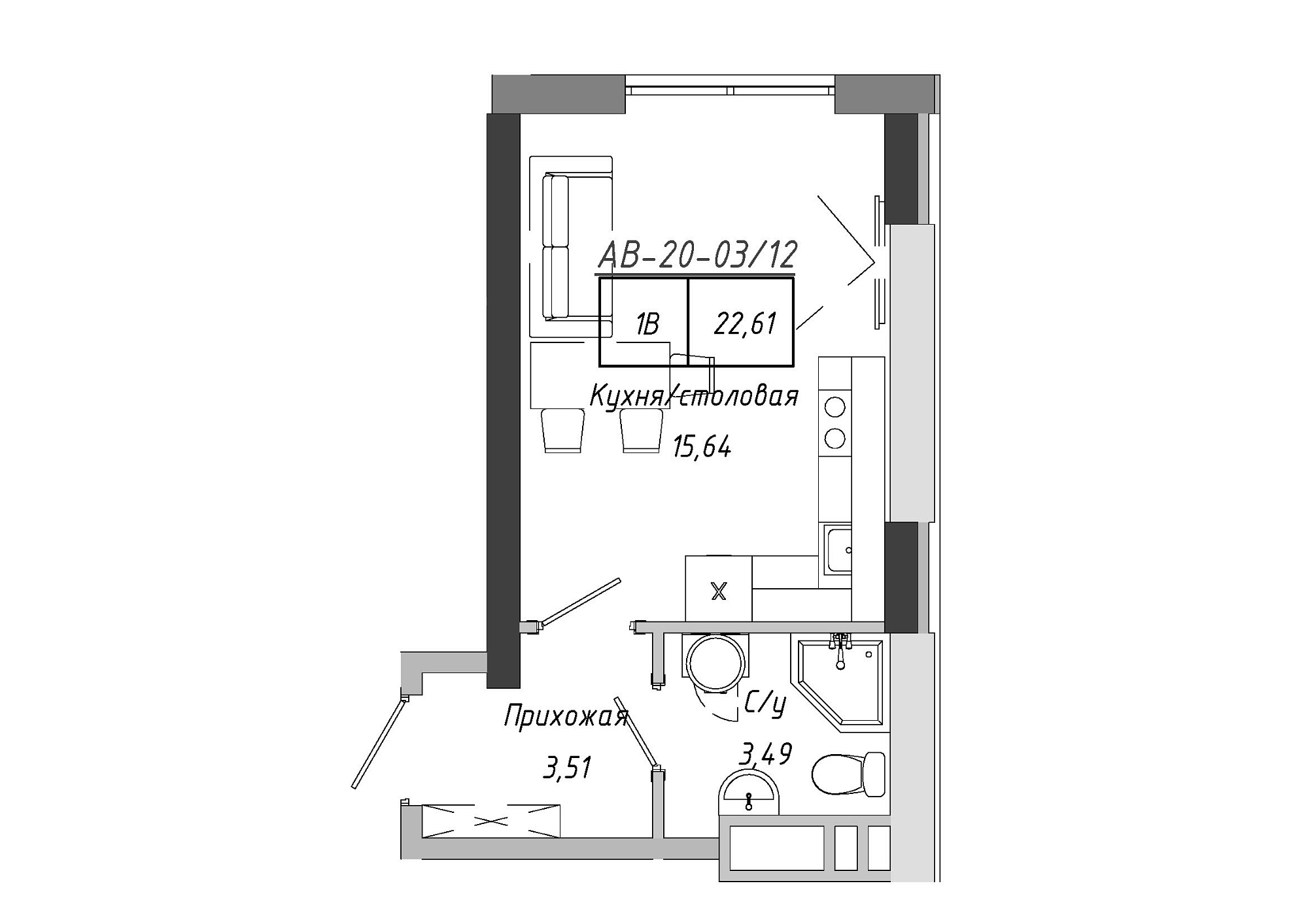 Планування Smart-квартира площею 22.61м2, AB-20-03/00012.