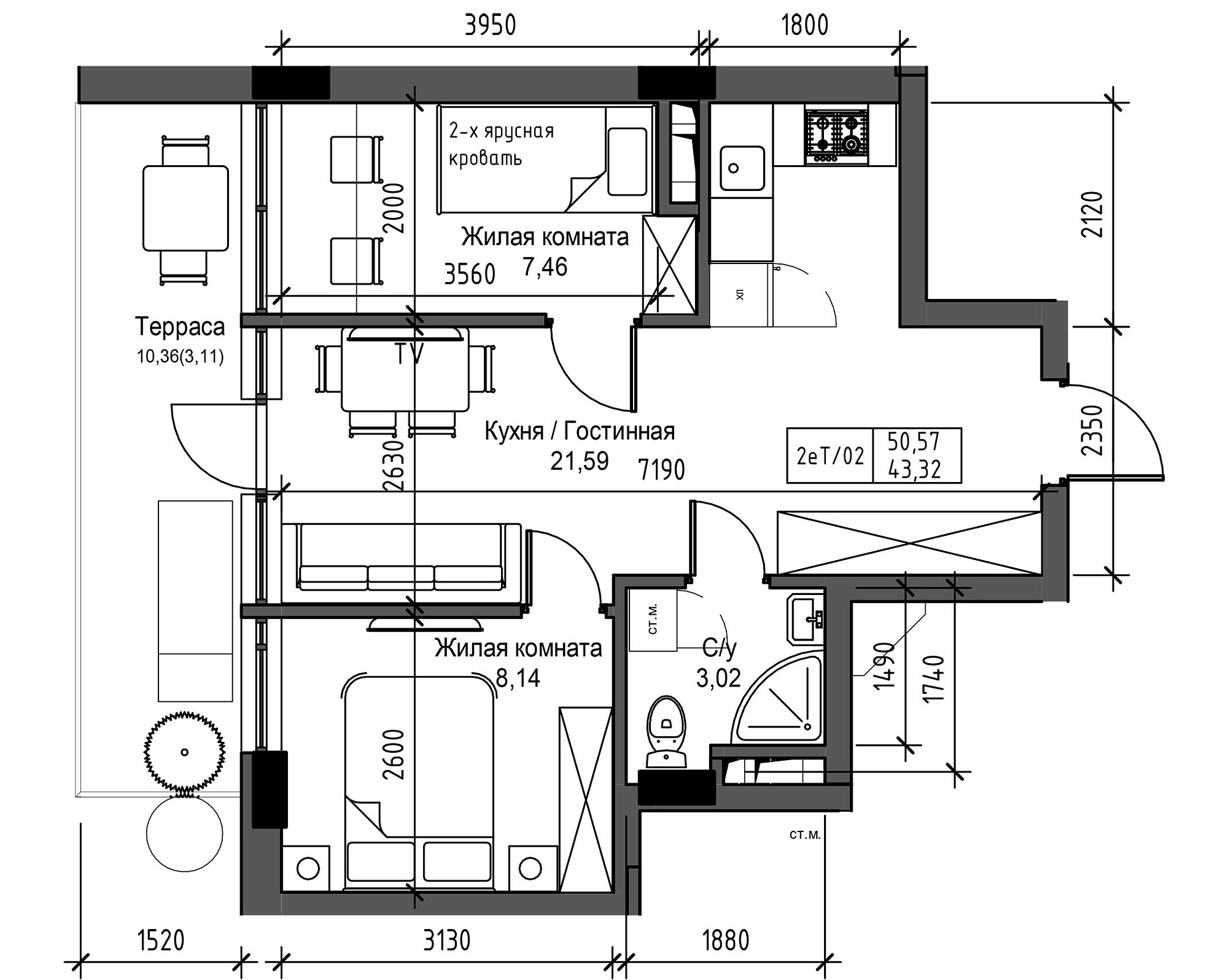 Планировка 2-к квартира площей 43.32м2, UM-003-07/0074.