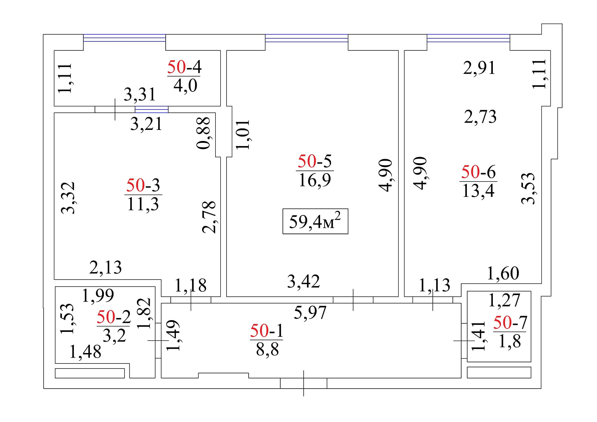 Планировка 2-к квартира площей 59.4м2, AB-01-06/00048.