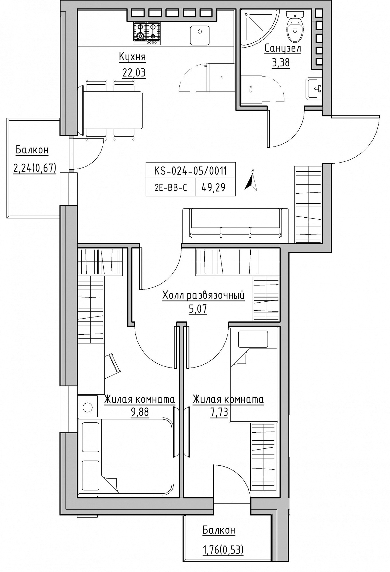 Planning 2-rm flats area 49.29m2, KS-024-05/0011.