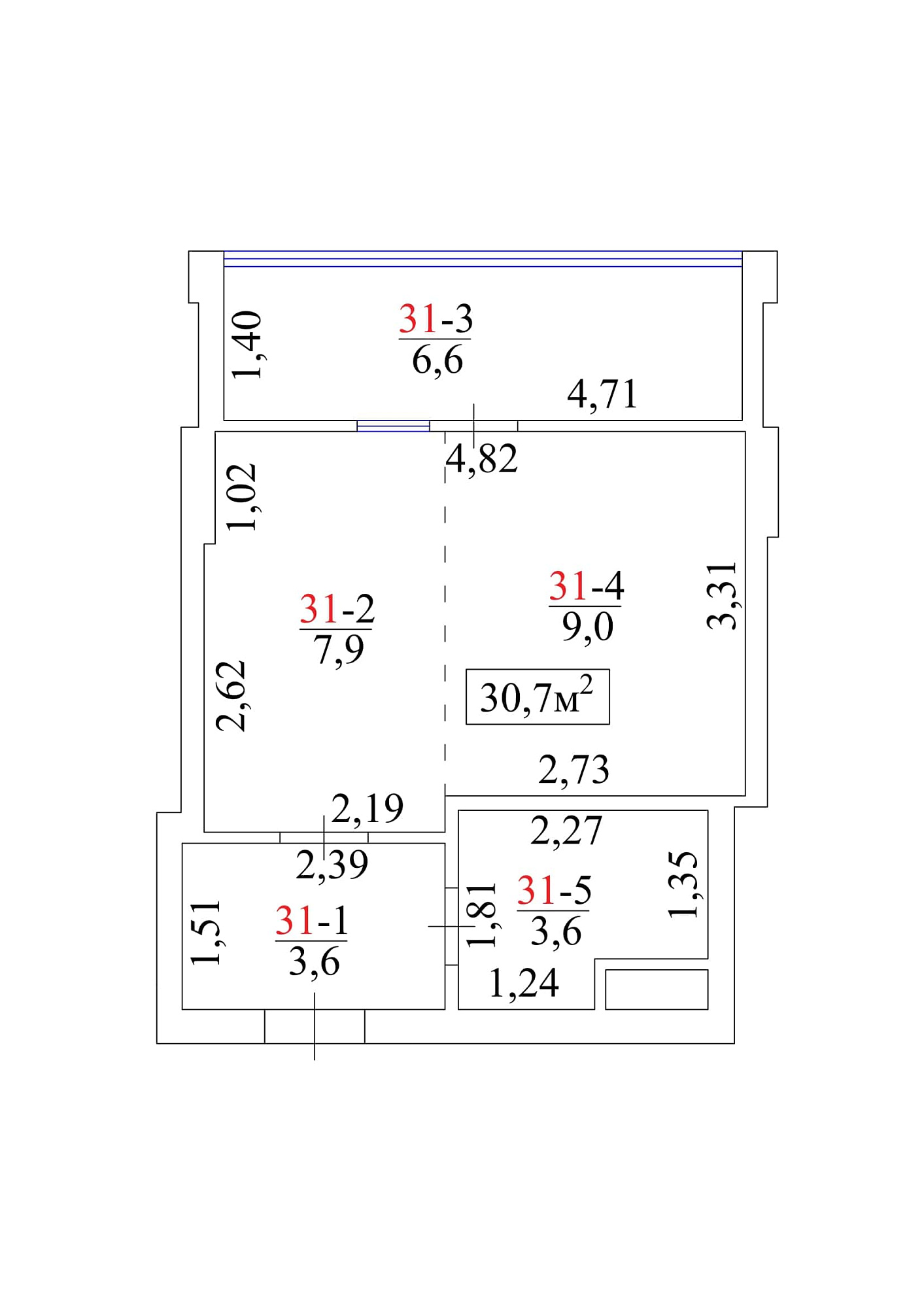 Планування Smart-квартира площею 30.7м2, AB-01-04/00031.
