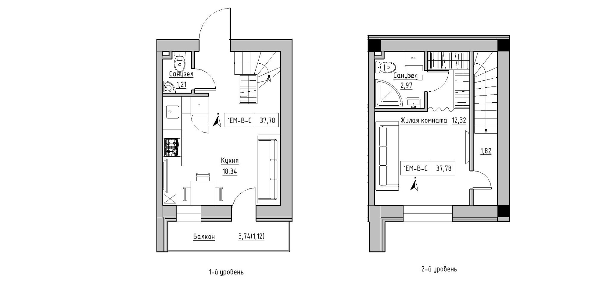 Planning 2-lvl flats area 37.78m2, KS-020-05/0005.