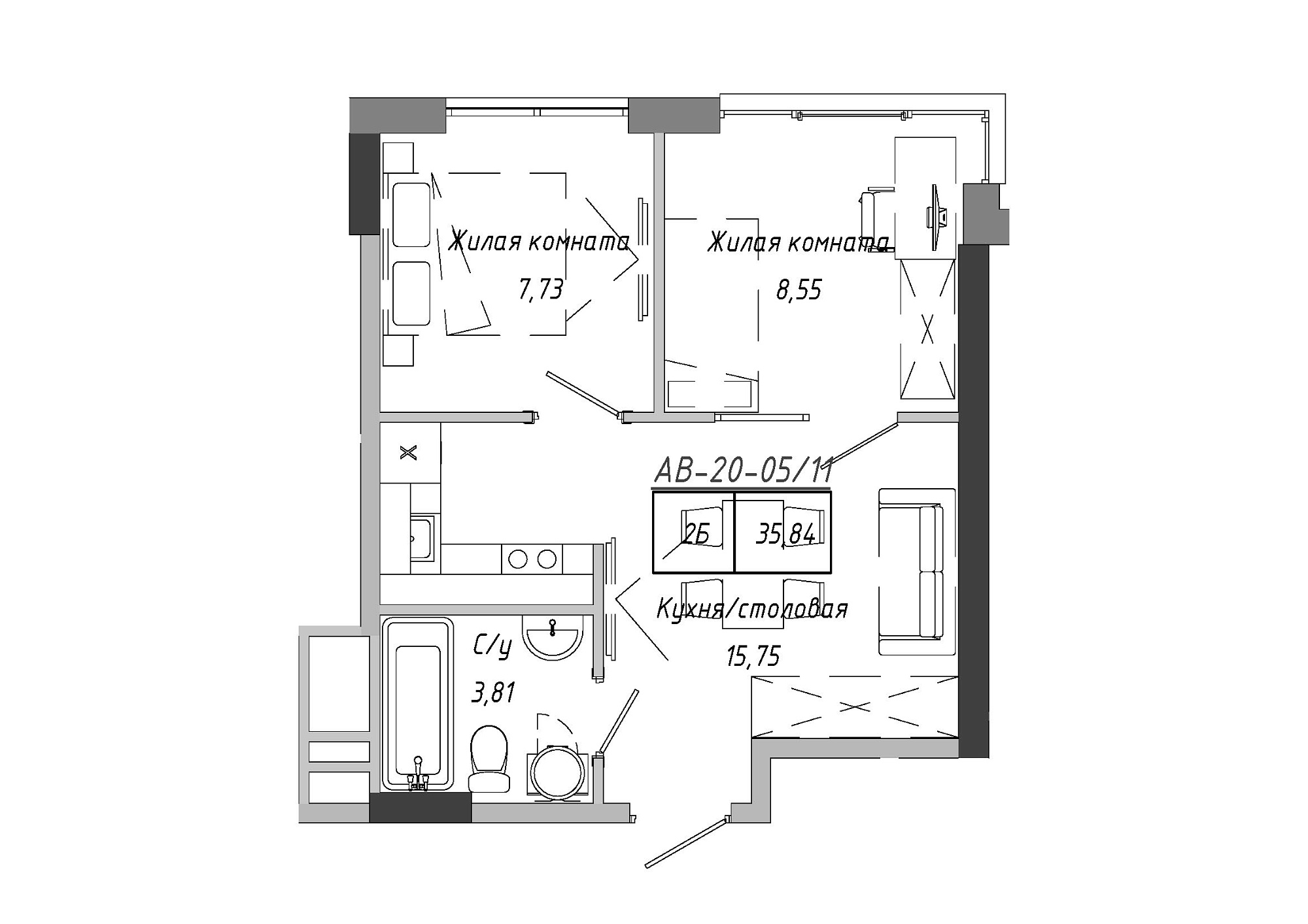 Планировка 2-к квартира площей 36.12м2, AB-20-05/00011.