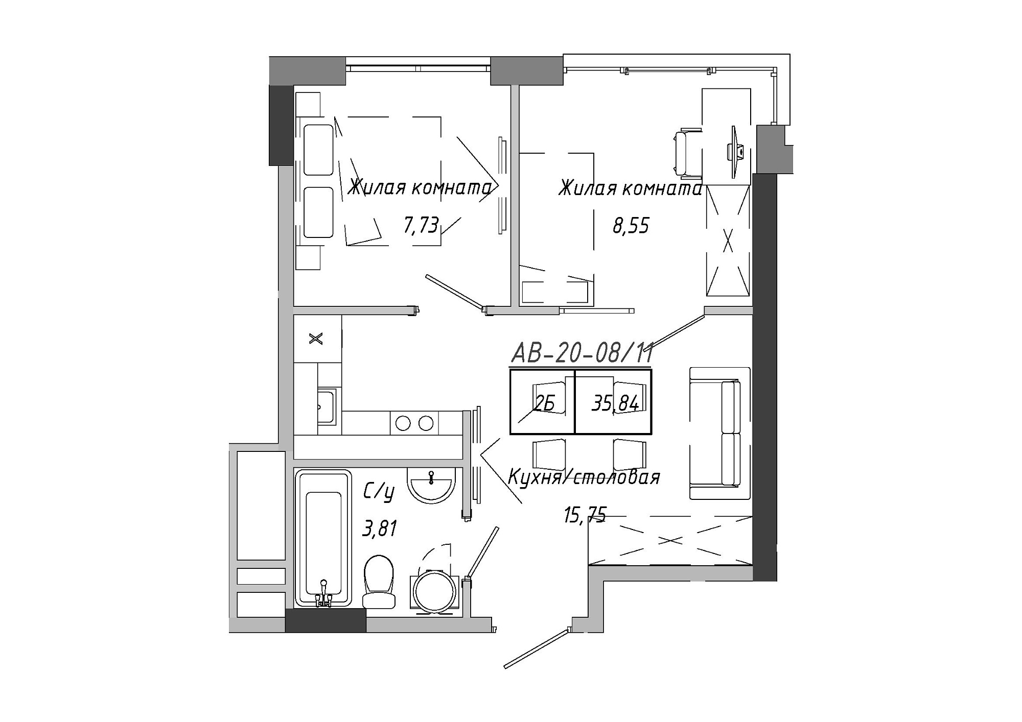 Планировка 2-к квартира площей 36.12м2, AB-20-08/00011.