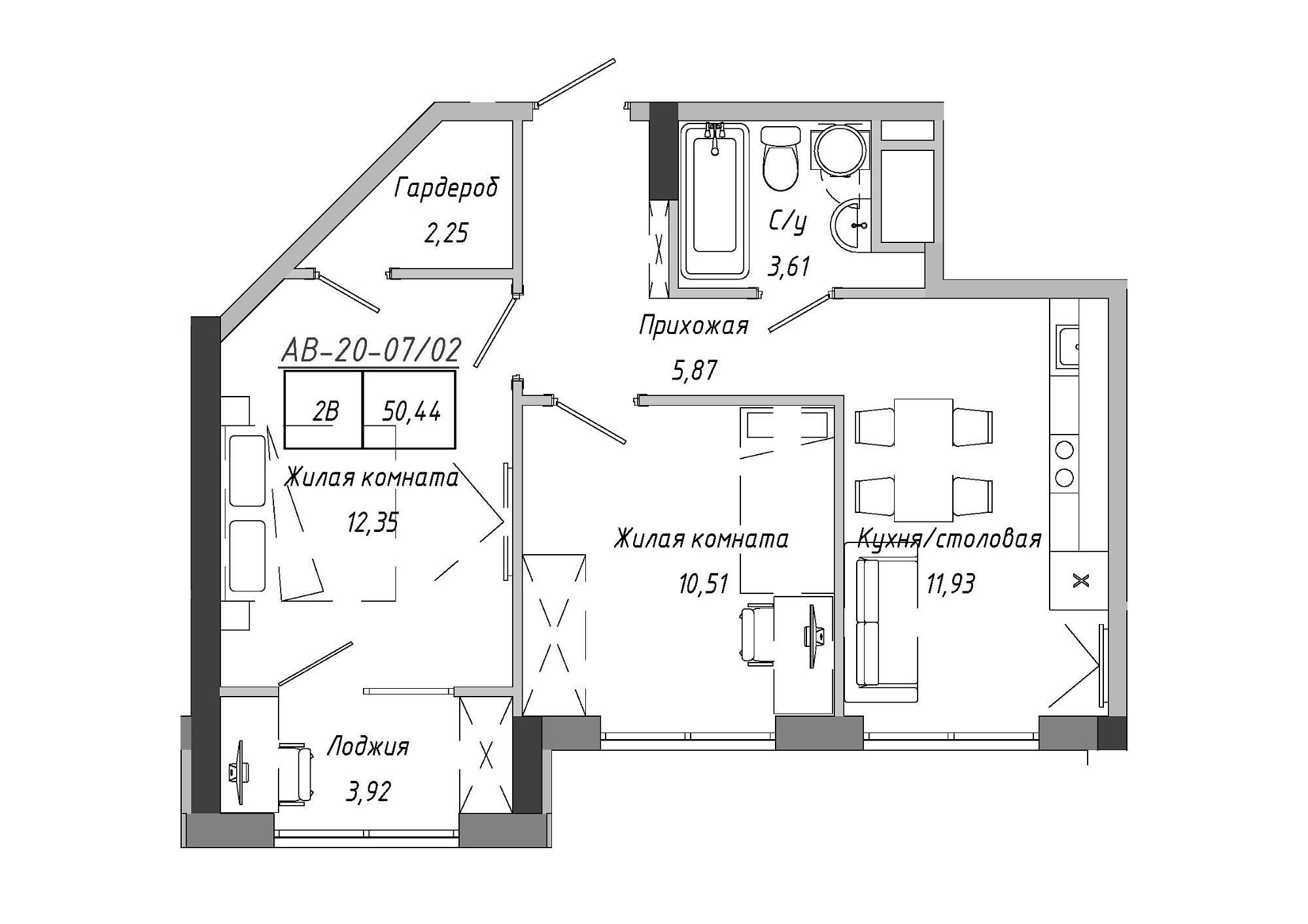 Планировка 2-к квартира площей 50.33м2, AB-20-07/00002.