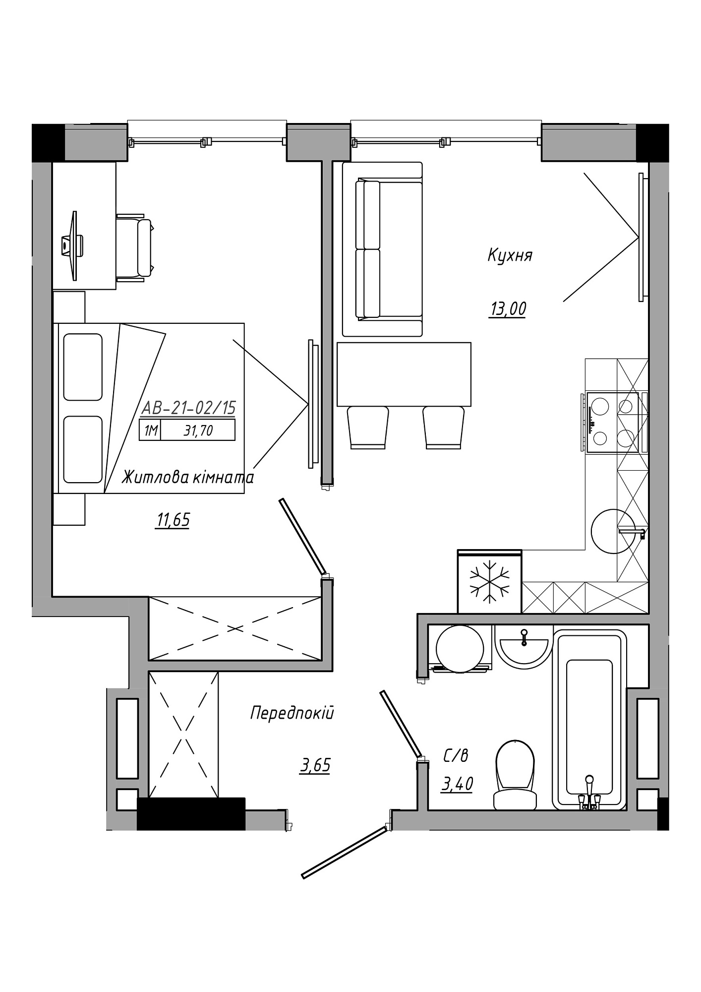Планировка 1-к квартира площей 31.7м2, AB-21-02/00015.
