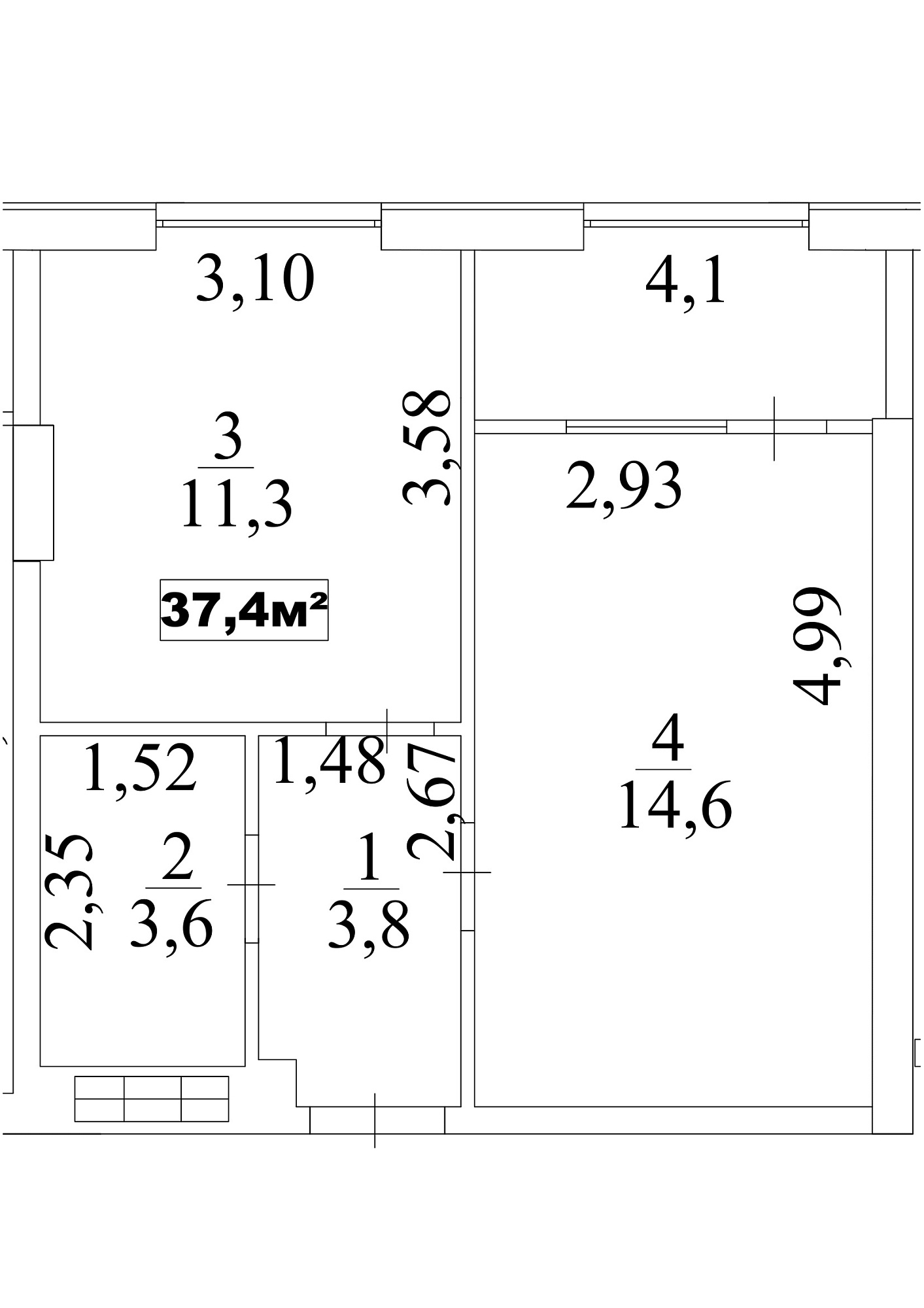 Planning 1-rm flats area 37.4m2, AB-10-08/0070а.