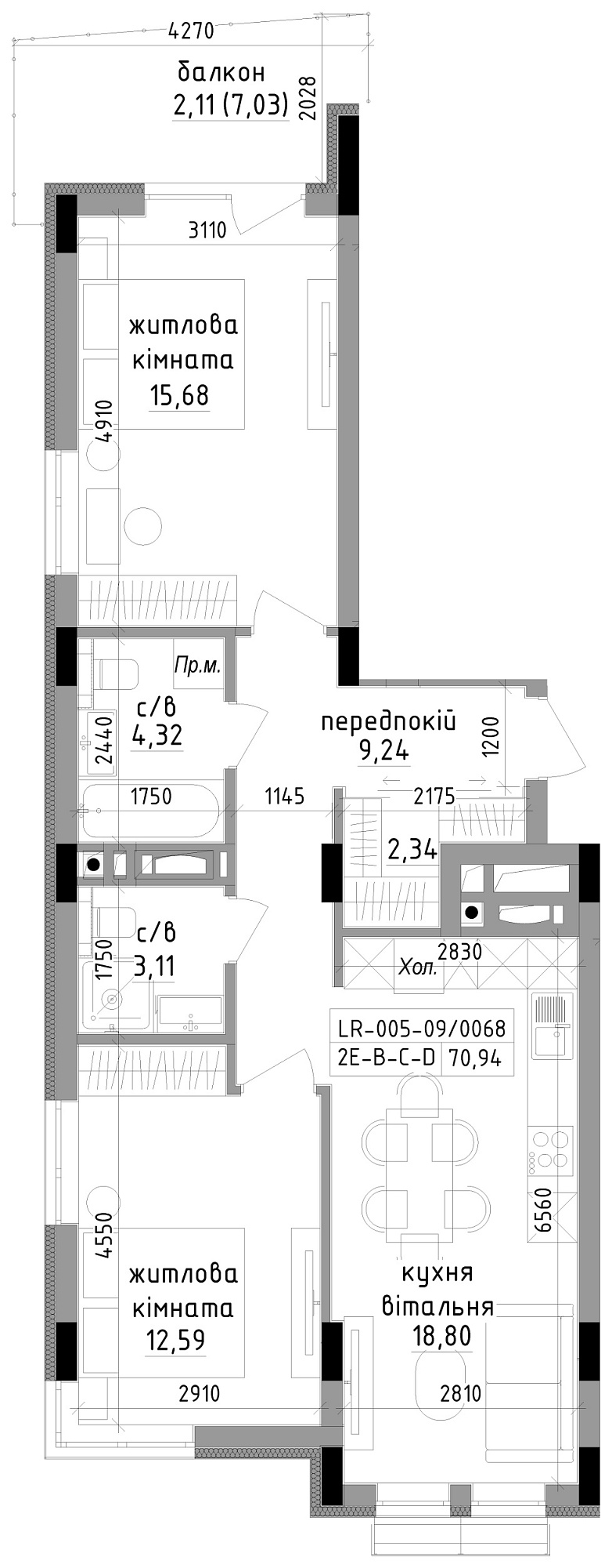 Planning 2-rm flats area 68.19m2, LR-005-09/0068.
