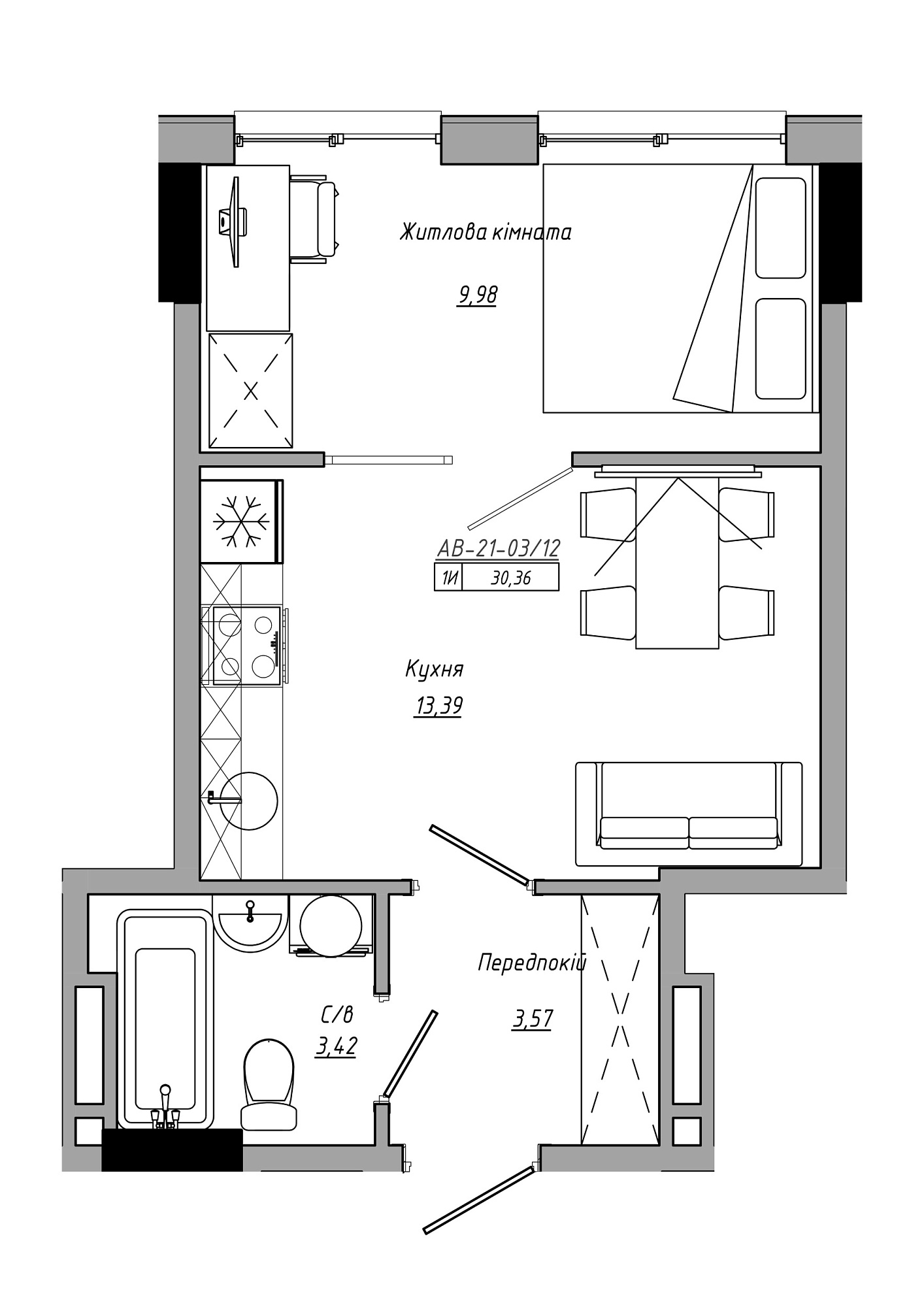 Планировка 1-к квартира площей 30.36м2, AB-21-03/00012.