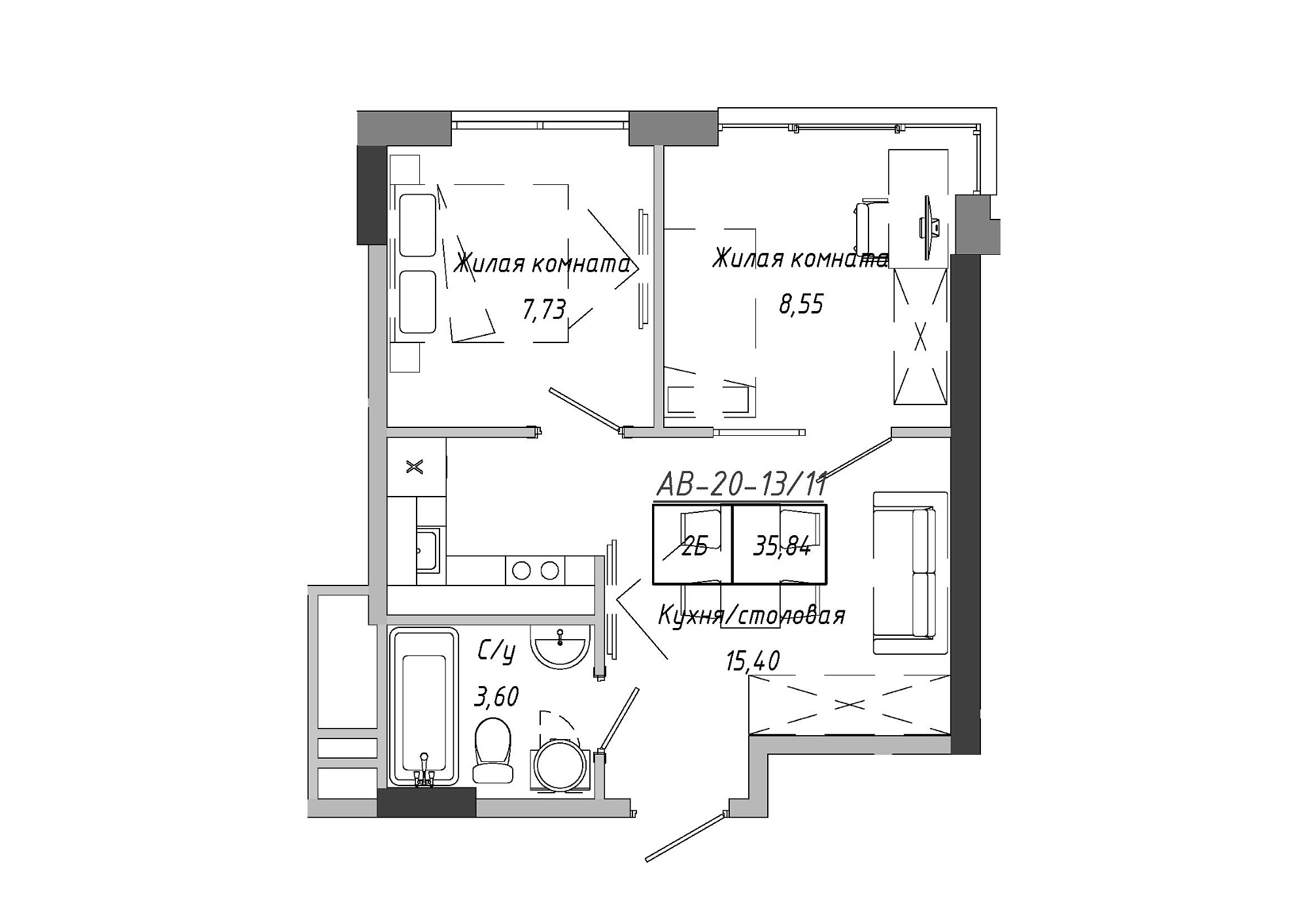 Планировка 2-к квартира площей 35.84м2, AB-20-13/00111.
