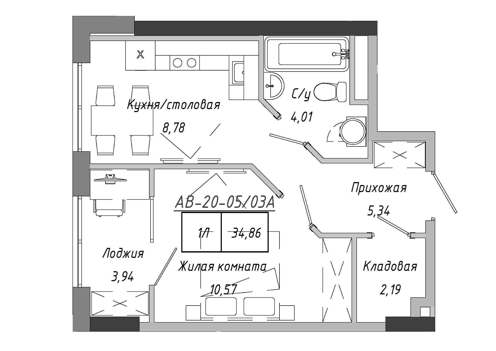 Планировка 1-к квартира площей 35.26м2, AB-20-05/0003а.