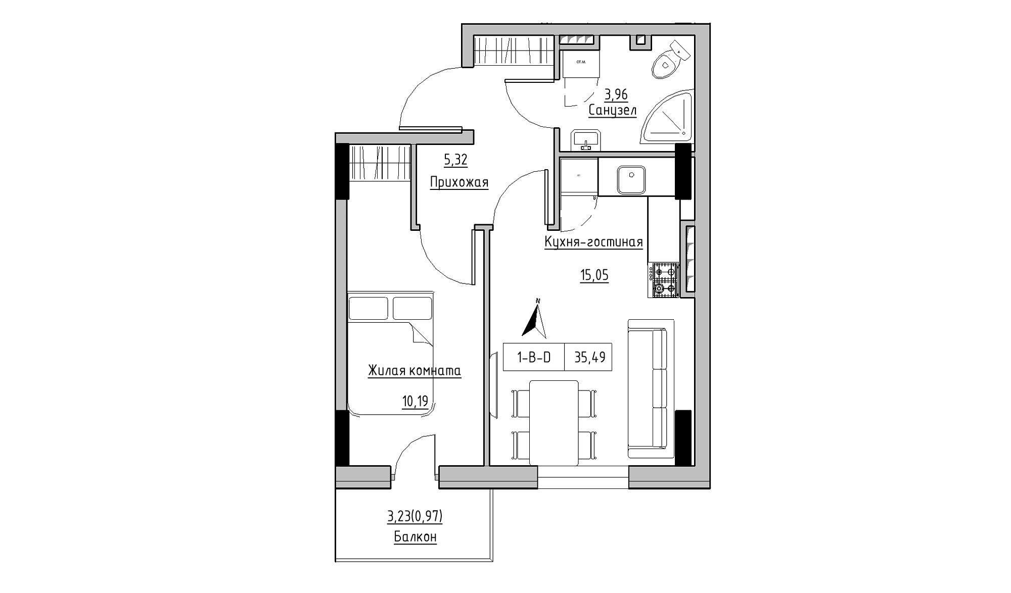 Планировка 1-к квартира площей 35.49м2, KS-025-04/0011.