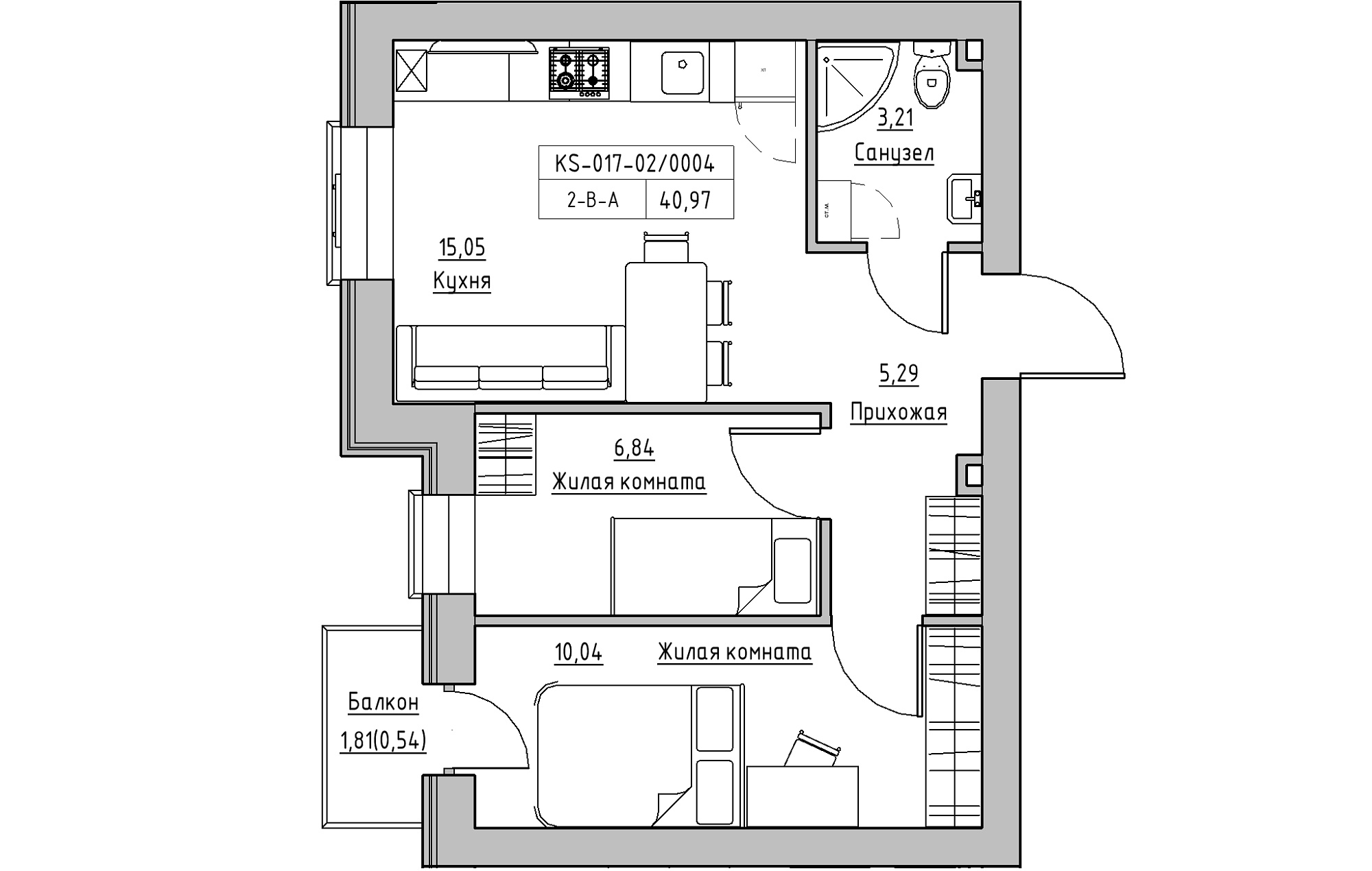 Планування 2-к квартира площею 40.97м2, KS-017-02/0004.