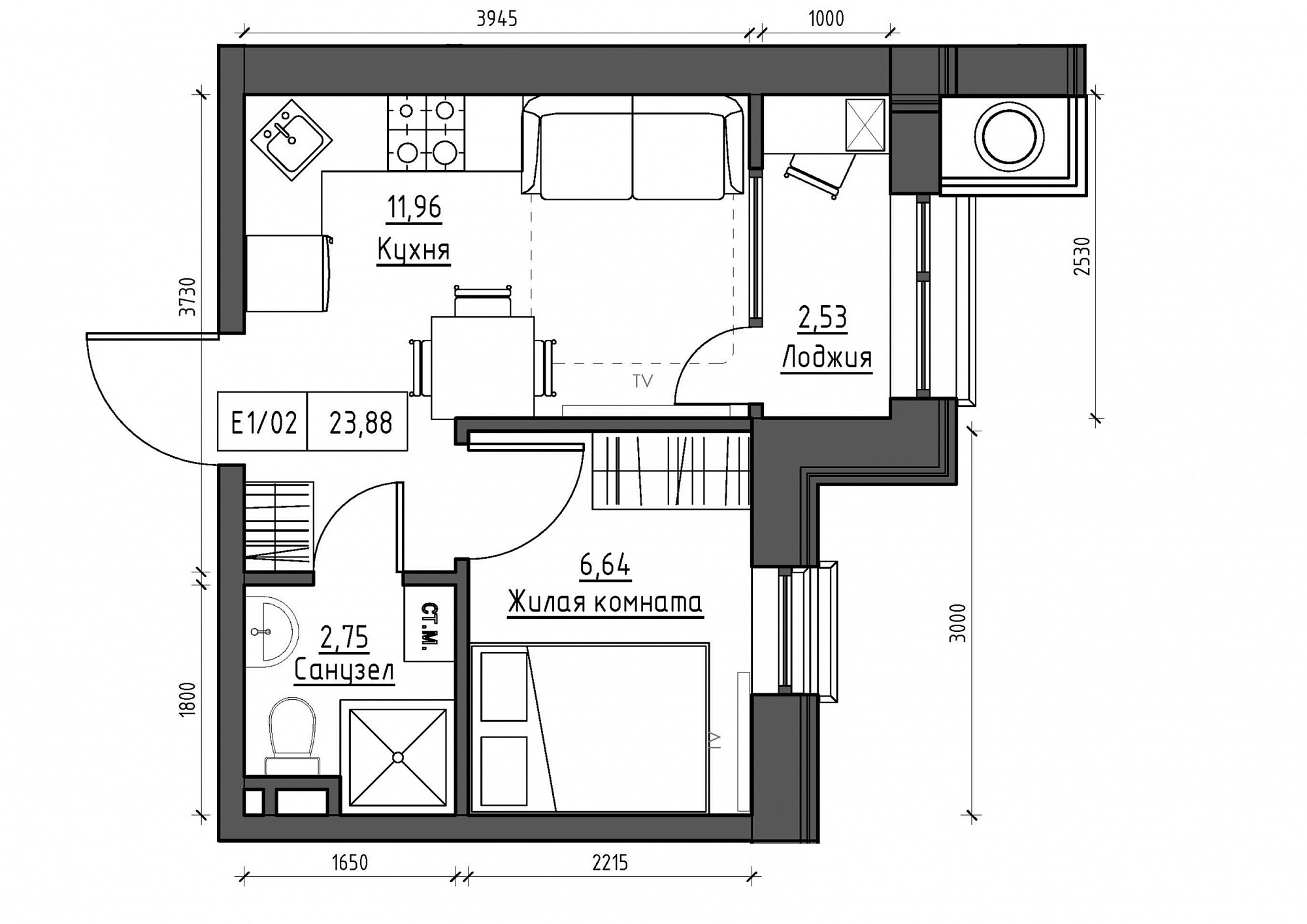 Планировка 1-к квартира площей 23.88м2, KS-012-03/0015.