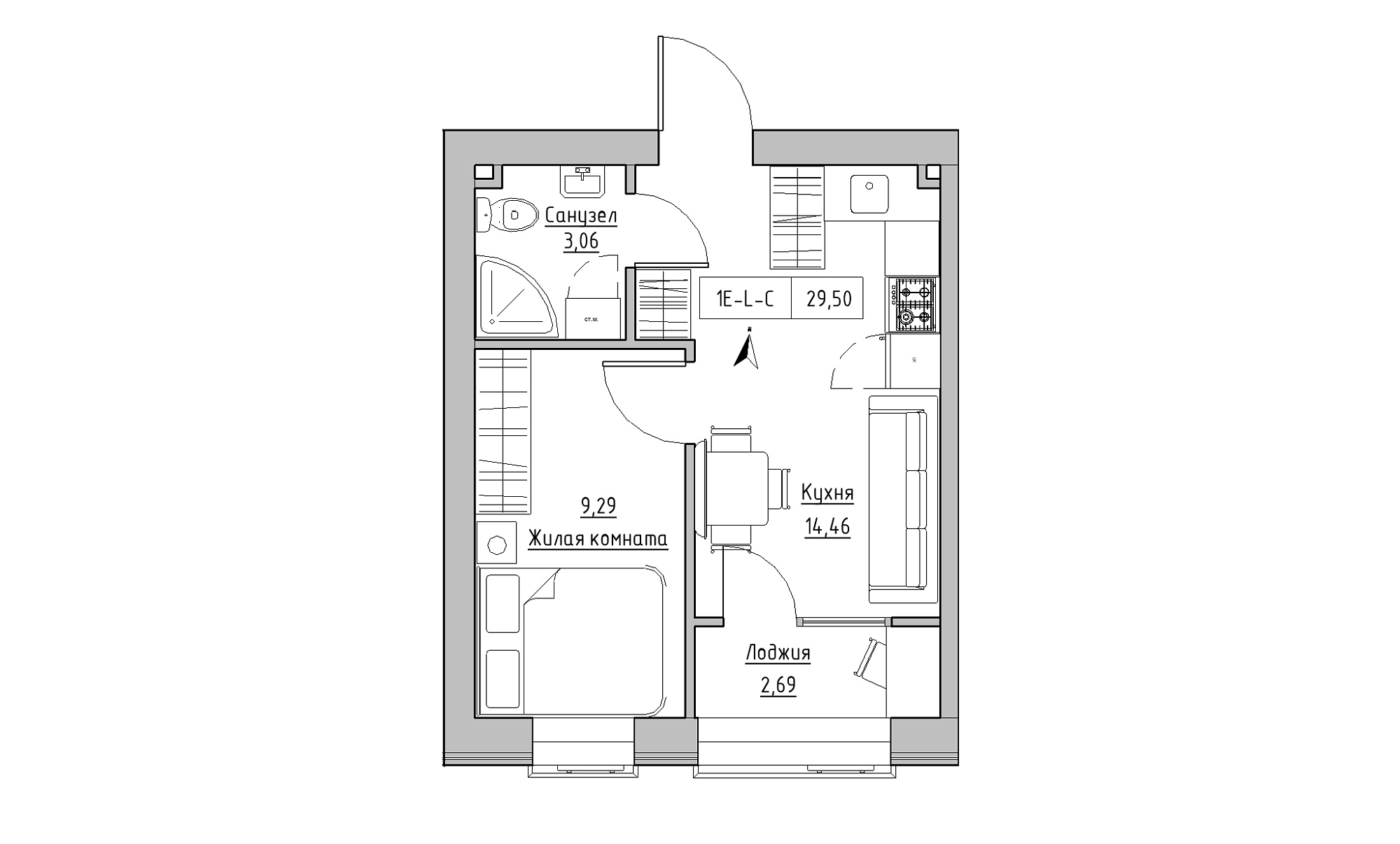 Планировка 1-к квартира площей 29.5м2, KS-023-02/0011.