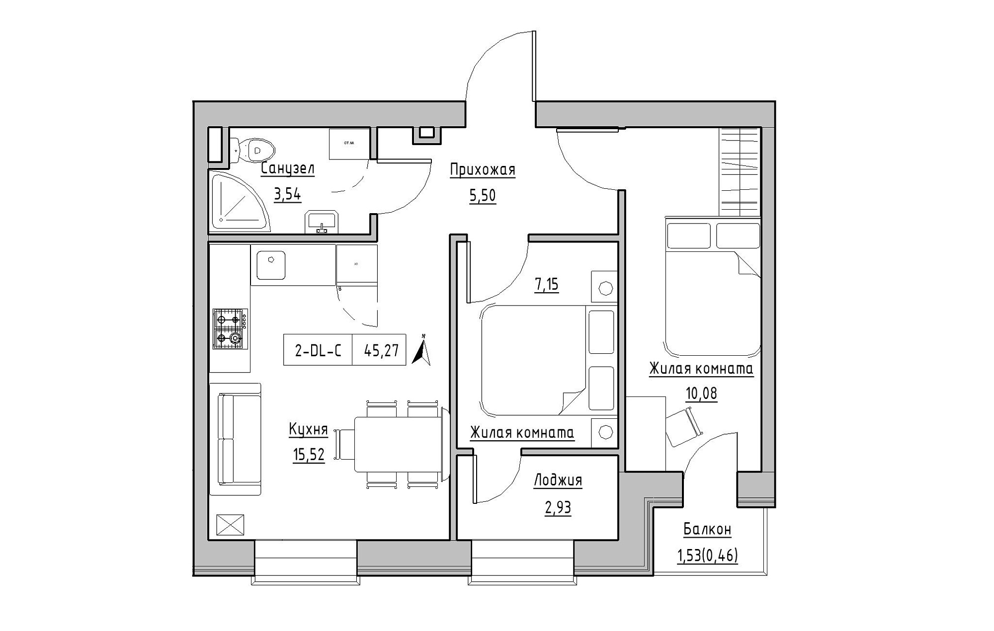 Planning 2-rm flats area 45.27m2, KS-019-04/0008.