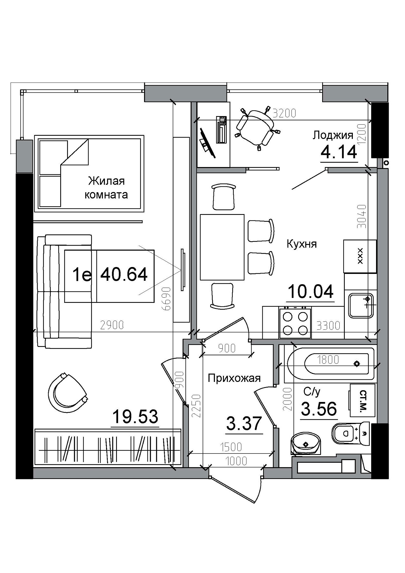 Планировка 1-к квартира площей 40.64м2, AB-12-11/00006.