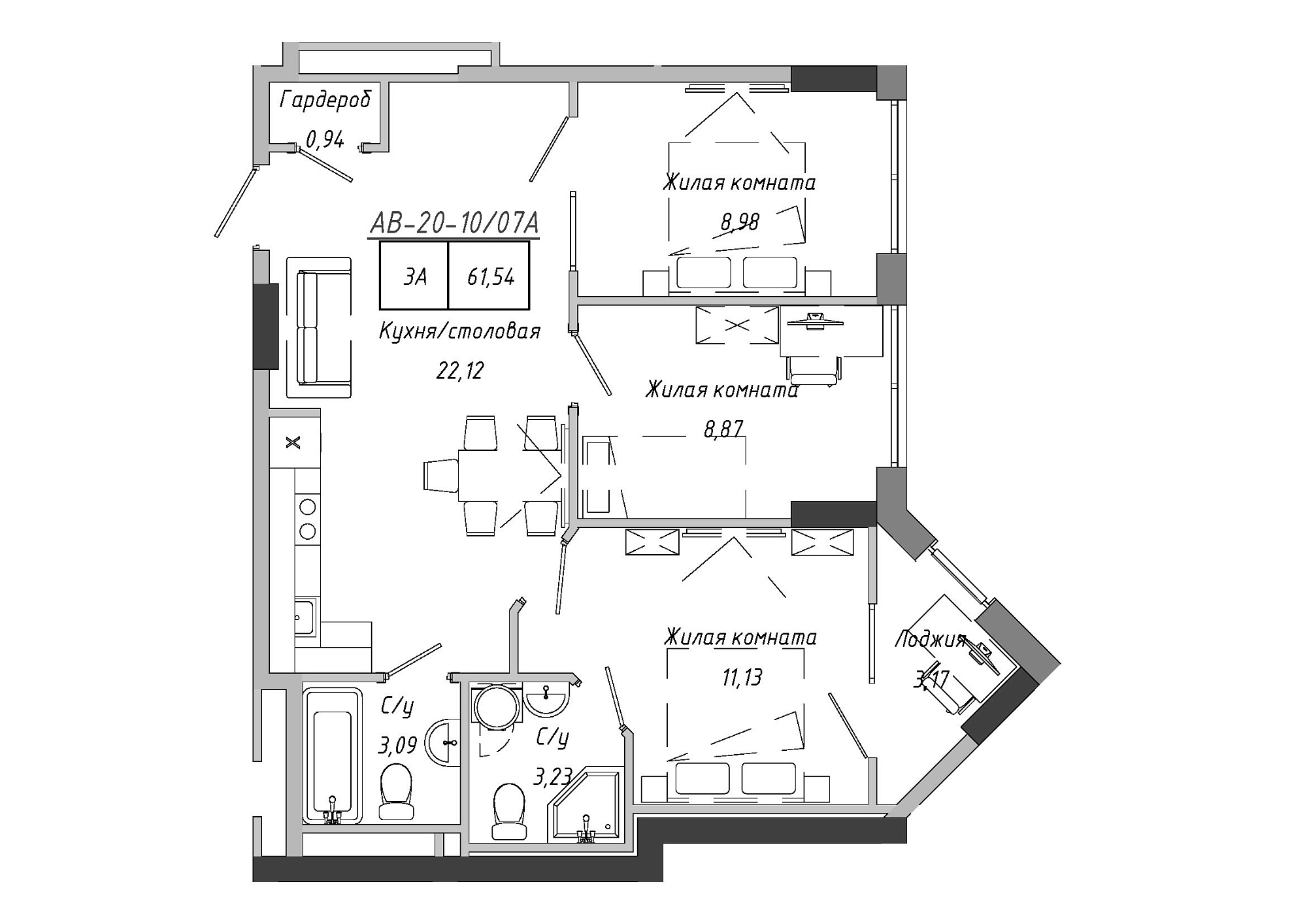 Планировка 3-к квартира площей 62.67м2, AB-20-10/0007а.