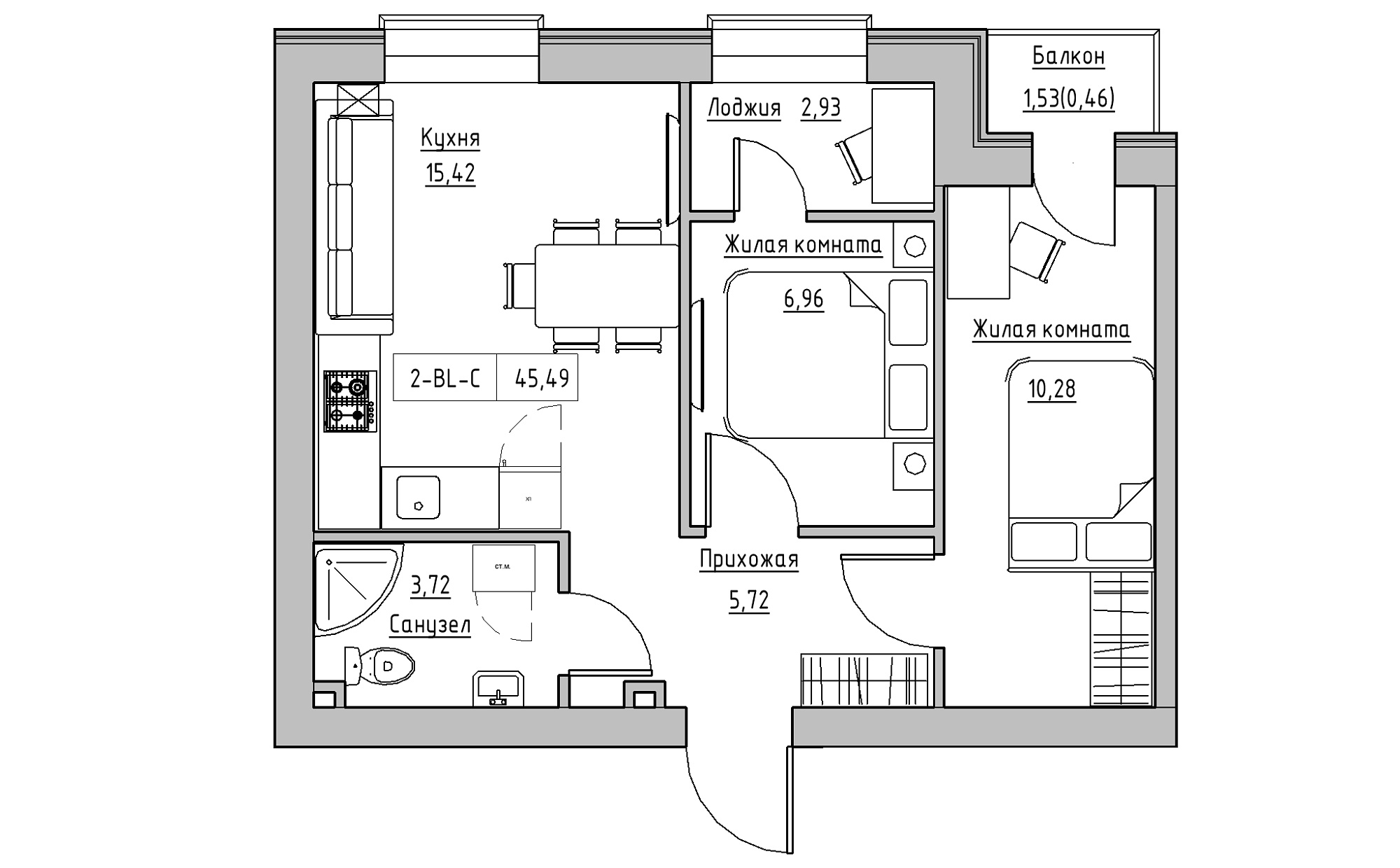 Планировка 2-к квартира площей 45.49м2, KS-022-03/0008.