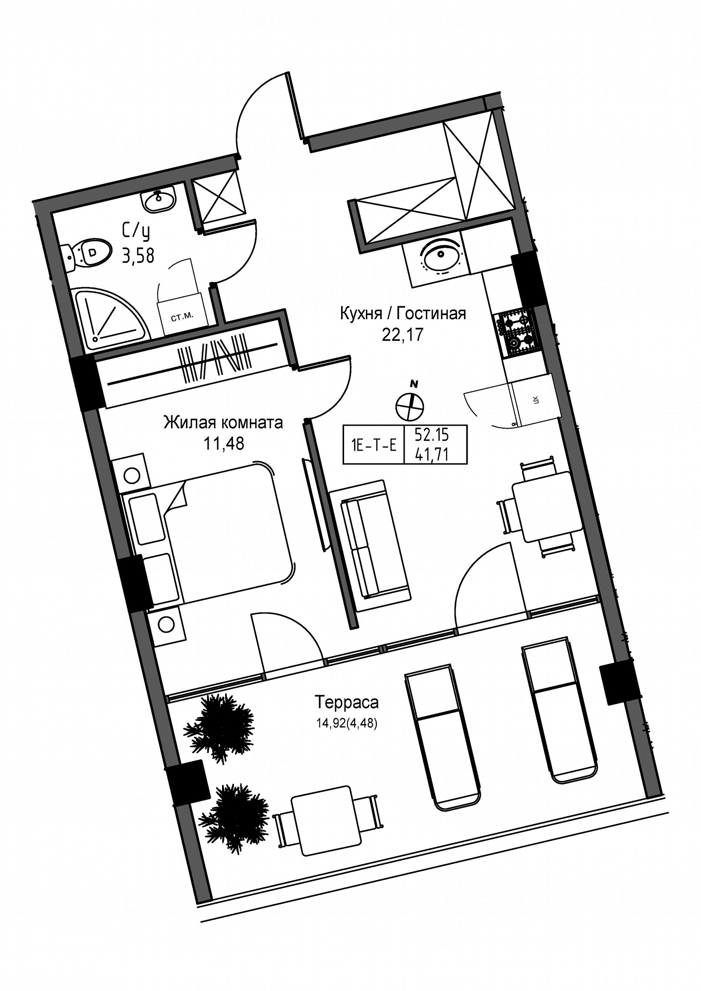 Планировка 1-к квартира площей 41.71м2, UM-004-03/0008.