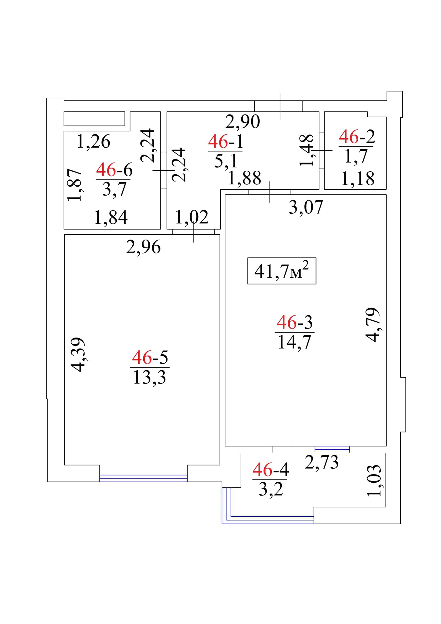 Планування 1-к квартира площею 41.7м2, AB-01-05/00044.