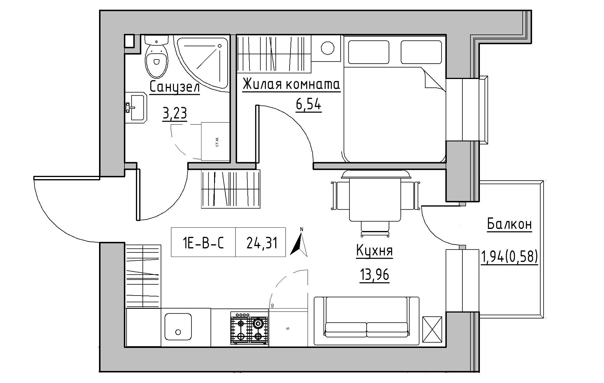 Планировка 1-к квартира площей 24.31м2, KS-019-03/0007.