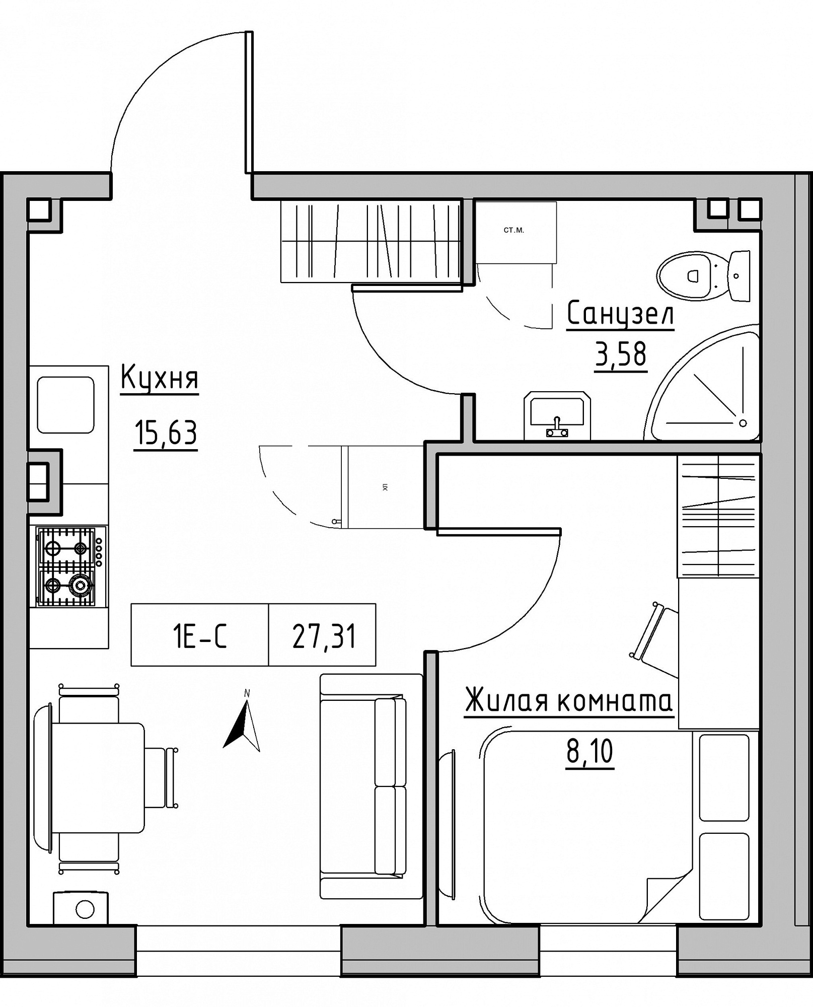 Планировка 1-к квартира площей 27.31м2, KS-024-03/0004.