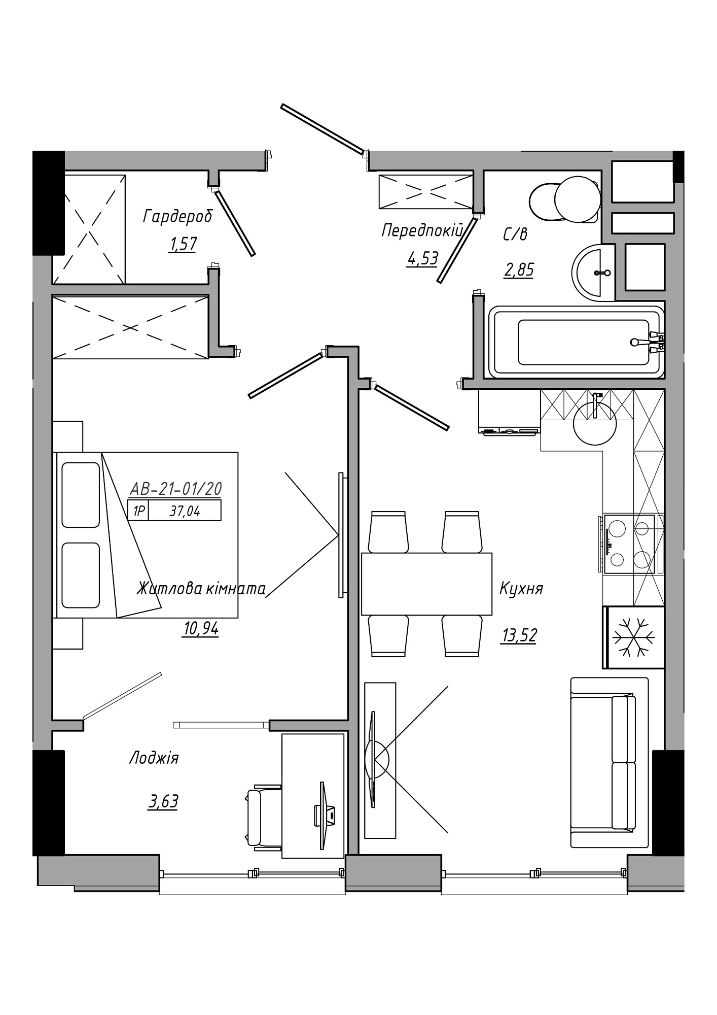 Планировка 1-к квартира площей 37.04м2, AB-21-01/00020.