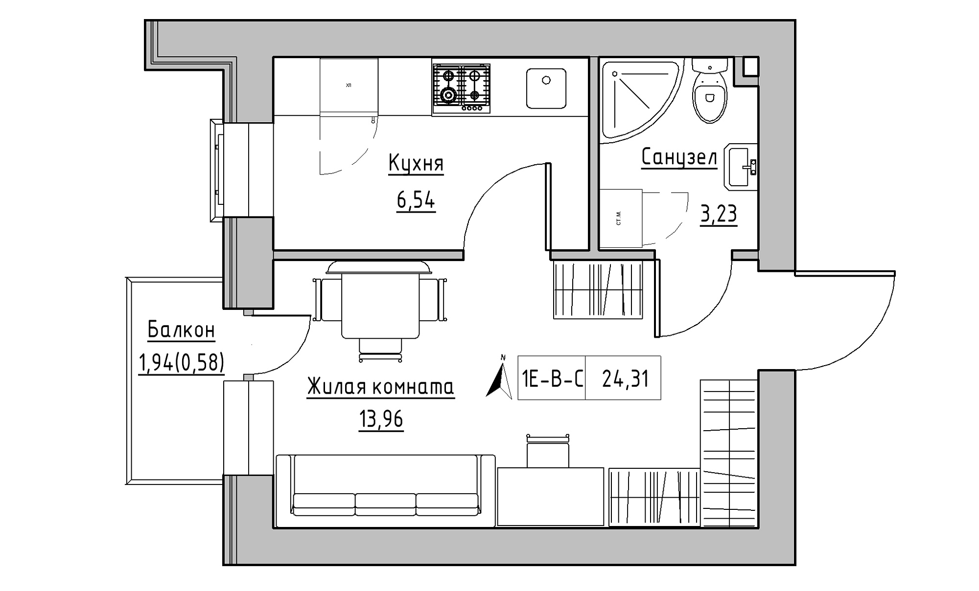 Planning 1-rm flats area 24.31m2, KS-016-03/0009.