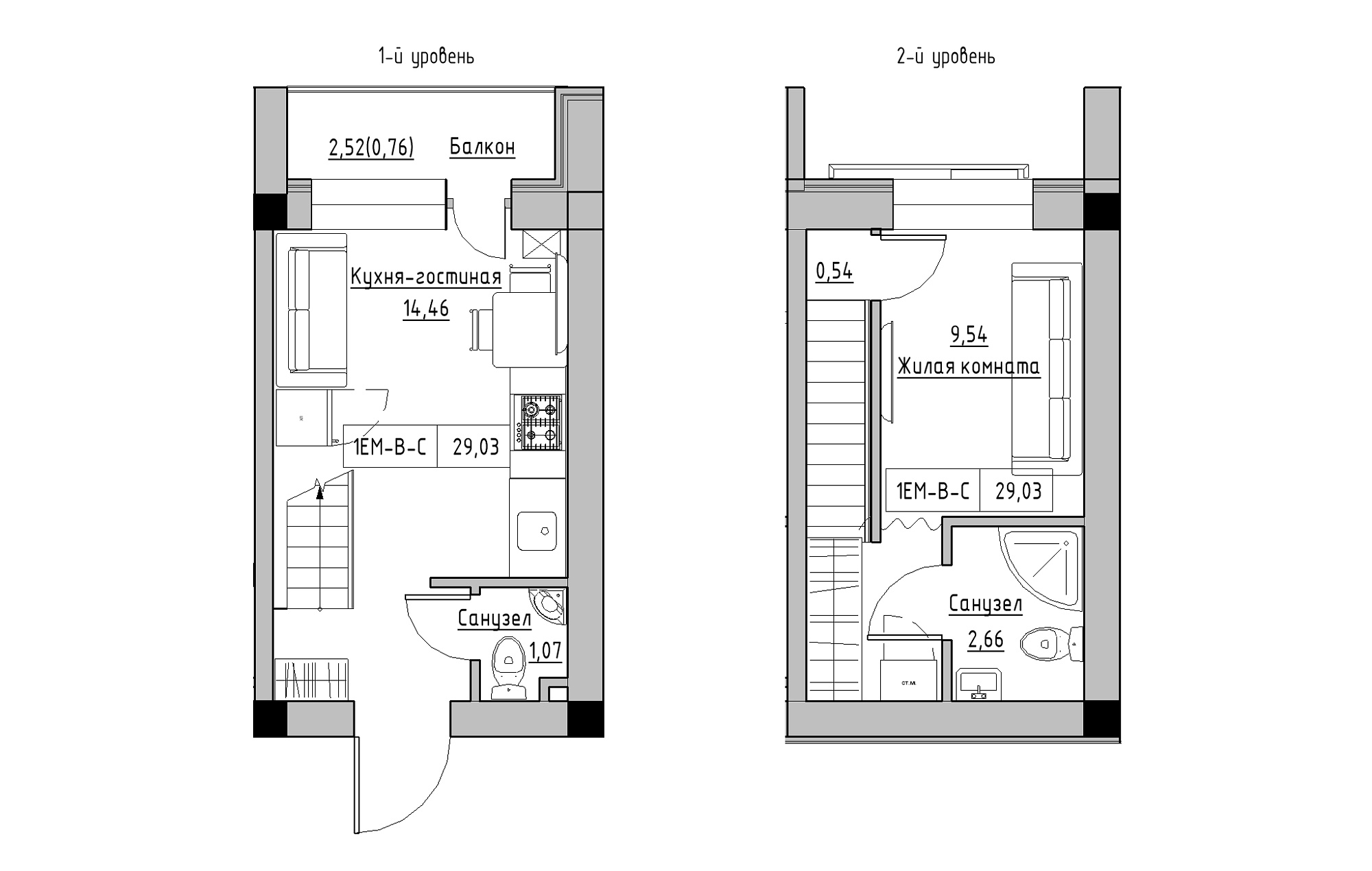 Planning 2-lvl flats area 29.03m2, KS-018-05/0006.